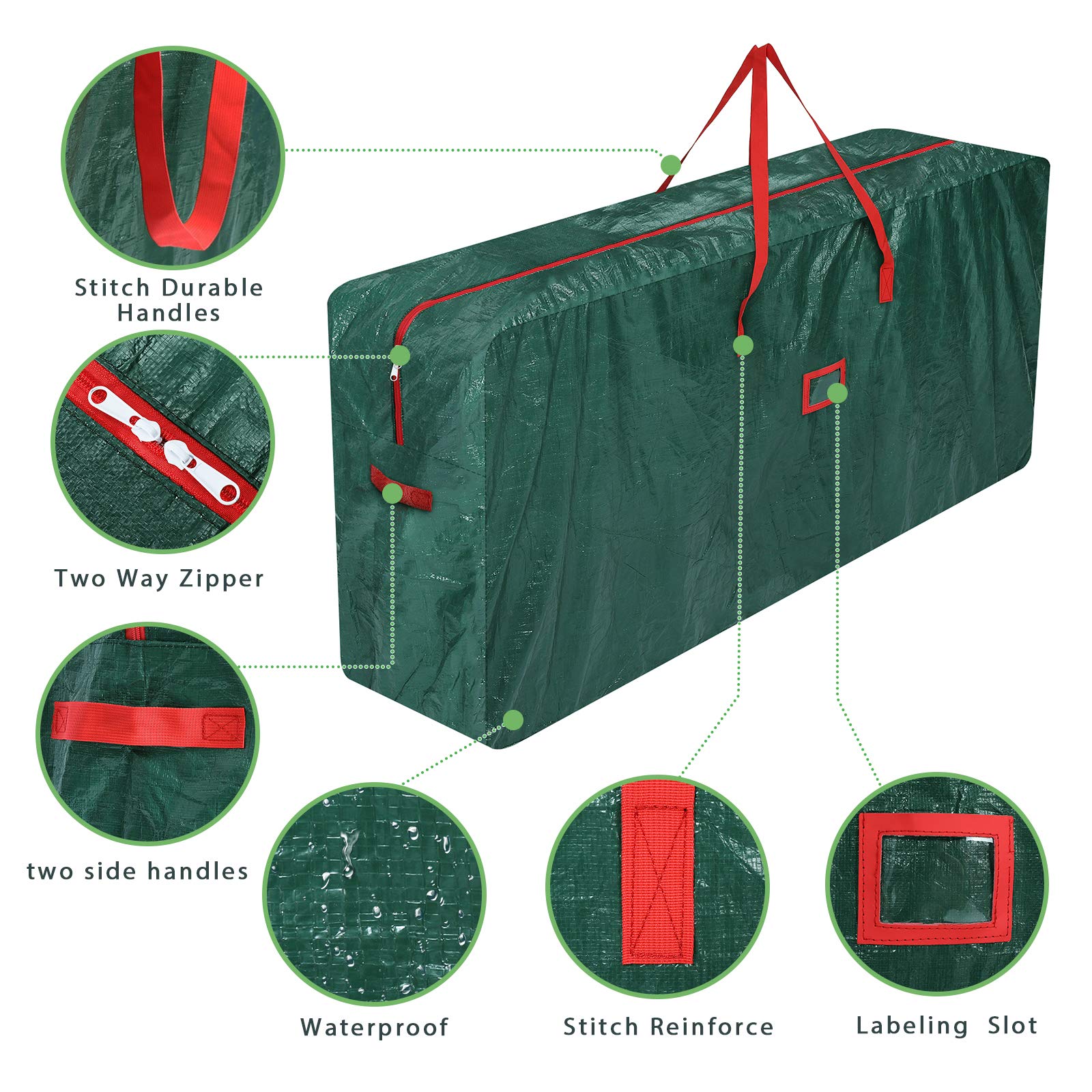 GARPROVM Borsa portaoggetti per albero di Natale, cuscino da giardino, con manici rinforzati e cerniere bidirezionali, grande borsa per albero di Natale smontato fino a 2,4 m (verde, 165 x 38 x 76 cm)