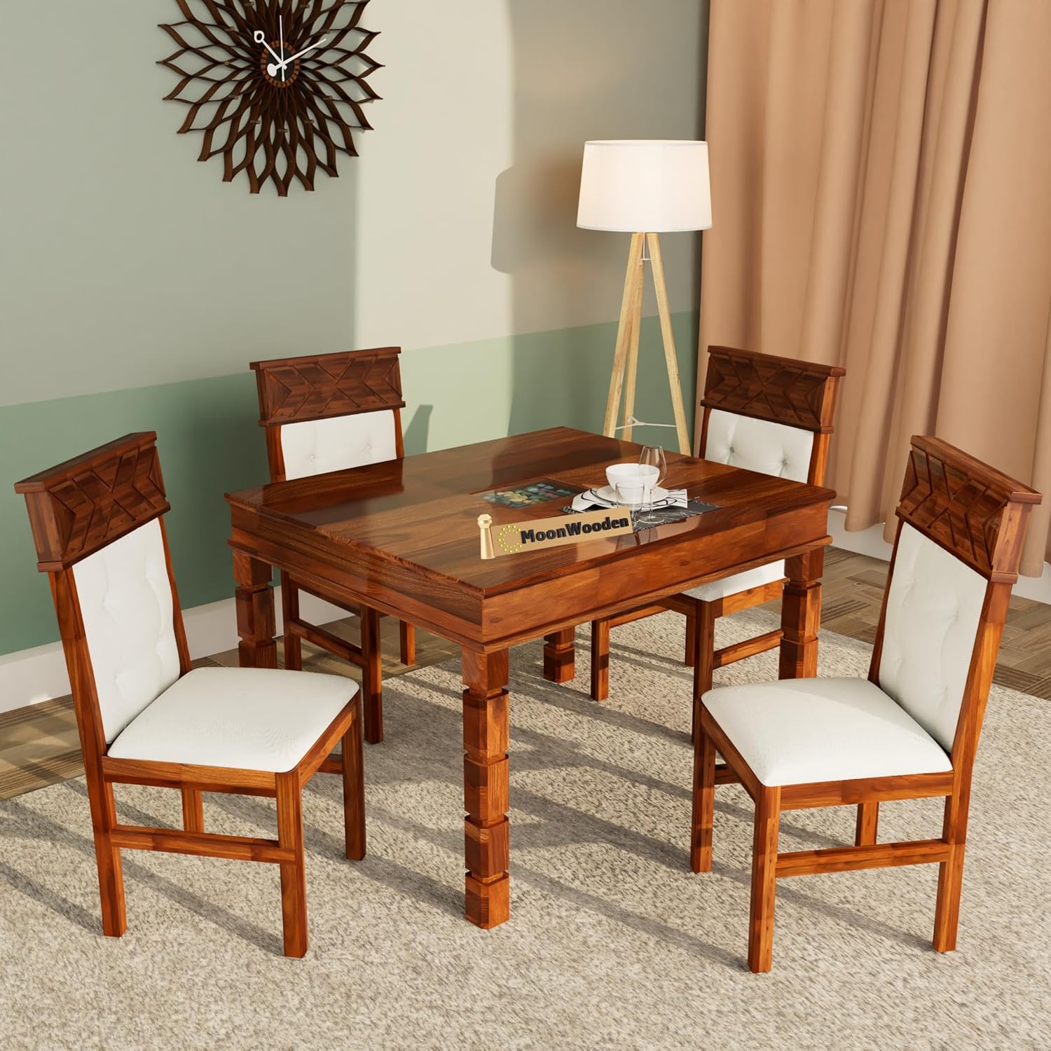 MoonWooden Sheesham Wood 4 Seater Dining Table Set with Cushioned Chairs | Solid Wood Dining Set for Dining Room, Kitchen | Wooden Dinner Table with Chairs for Home Furniture (Honey Finish)