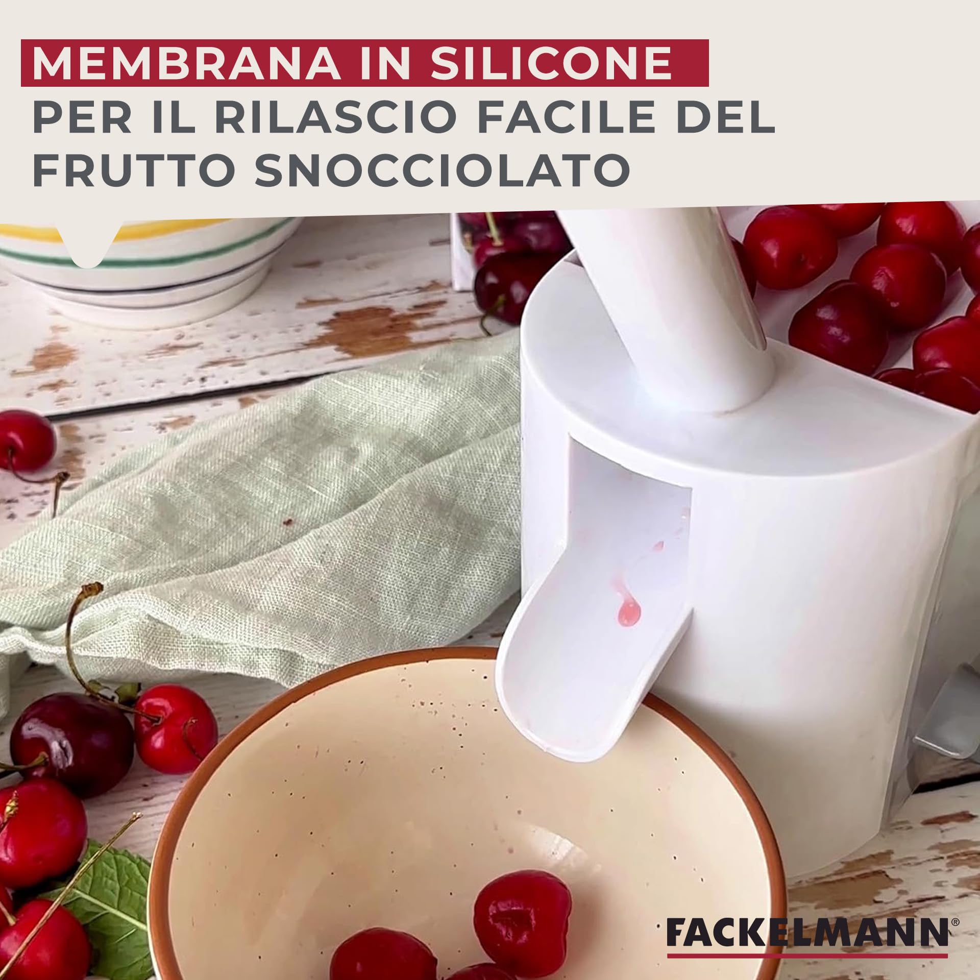 Fackelmann Denocciolatore a Stantuffo per Ciliegie e Olive 28,8x16 cm, in Plastica Alimentare Completamente smontabile adatto per Snocciolare Ciliegie, Amarene ed Olive