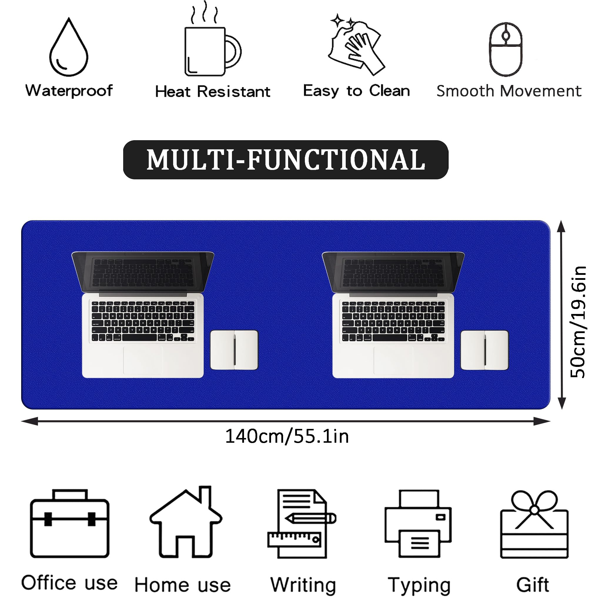 LL-COEUR Double Face Cuir Tapis de Souris Hydrorésistant Mouse Pad Ordinateur Table Mat (1400 x 500 x 2 mm, Bleu Royal + Bleu Ciel)