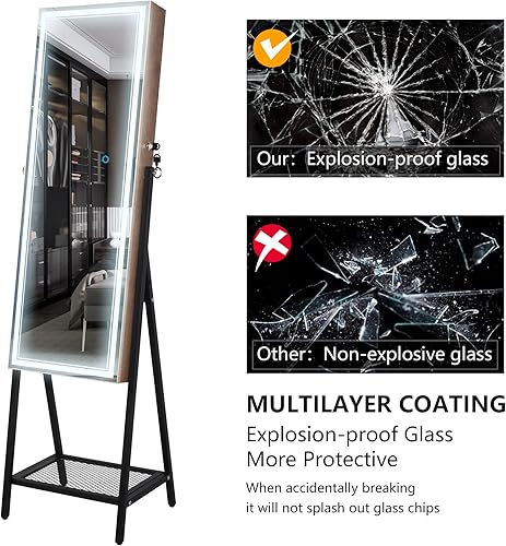 Miniatura 8 de Vlsrka Mirror Jewelry Cabinet Standing with LED, Jewelry Mirror Full Length with Built-in Makeup Mirror & Lights, Large Mirror with Jewelry Storage