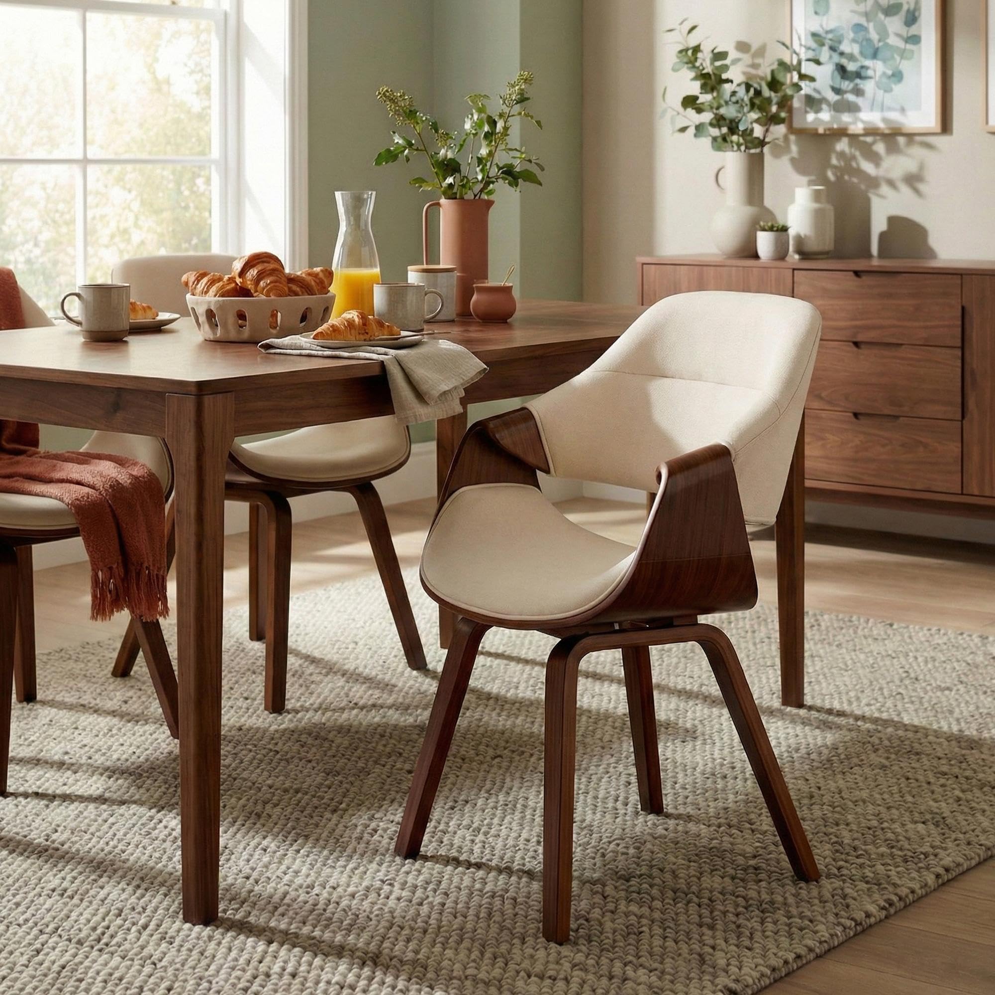 CLP Silla de Comedor tapizada con reposabrazos Maira, Silla ergonomica Estilo Nogal, Soporte hasta 150 kg Color:Nuez/Crema;Material:Tela