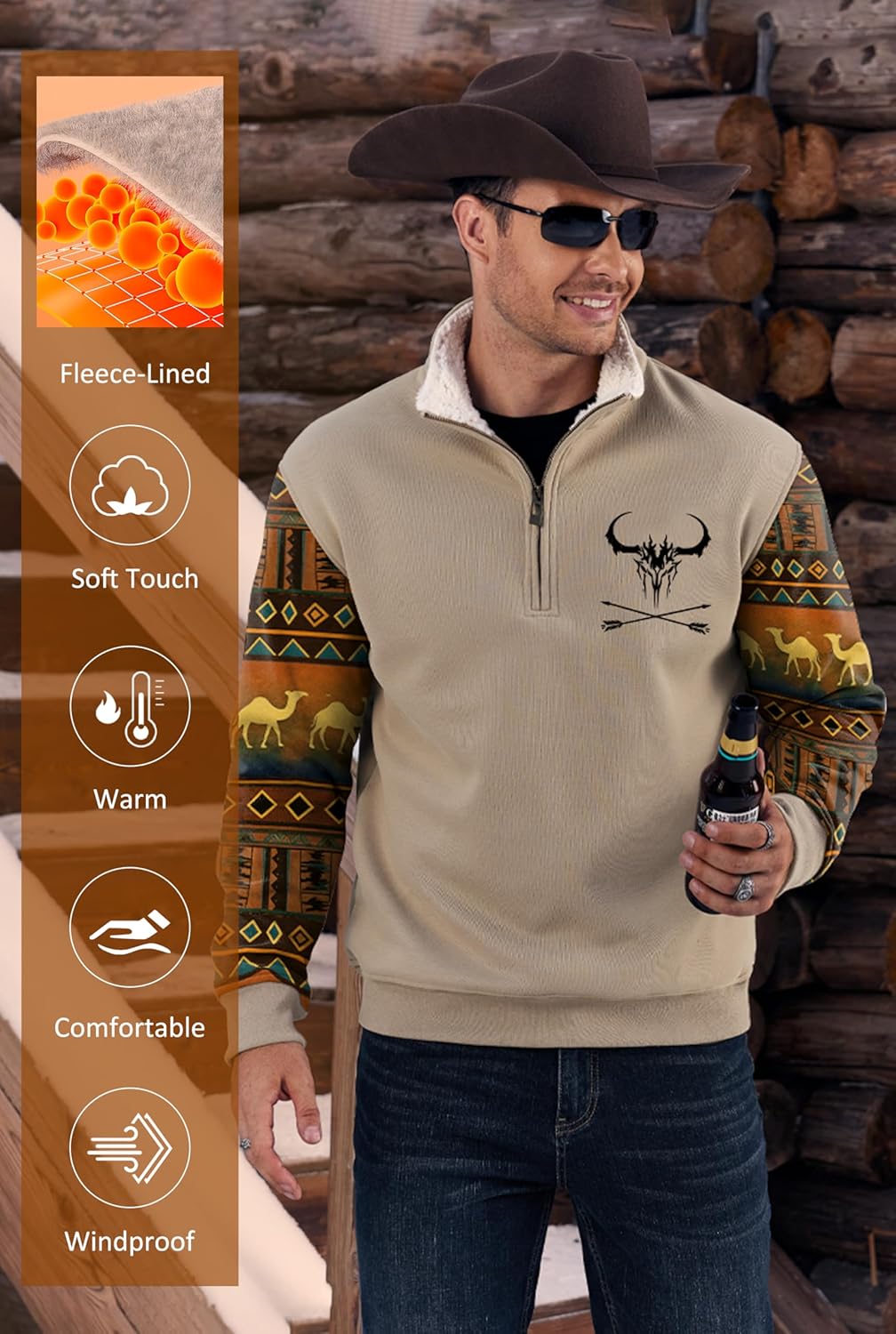 Men's Aztec Quarter Zip Pullover Fleece-Lined Western Country Cowboy Vintage Graphic Sweatshirt (S-XXL) - Image 5