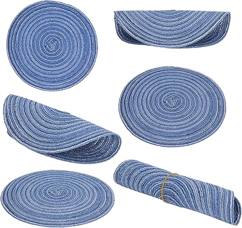Miniatura 3 de Cyrank Juego de salvamanteles redondos tejidos, 6 piezas, hecho a mano de 7 pulgadas, juego de salvamanteles de ramio para platos calientes,