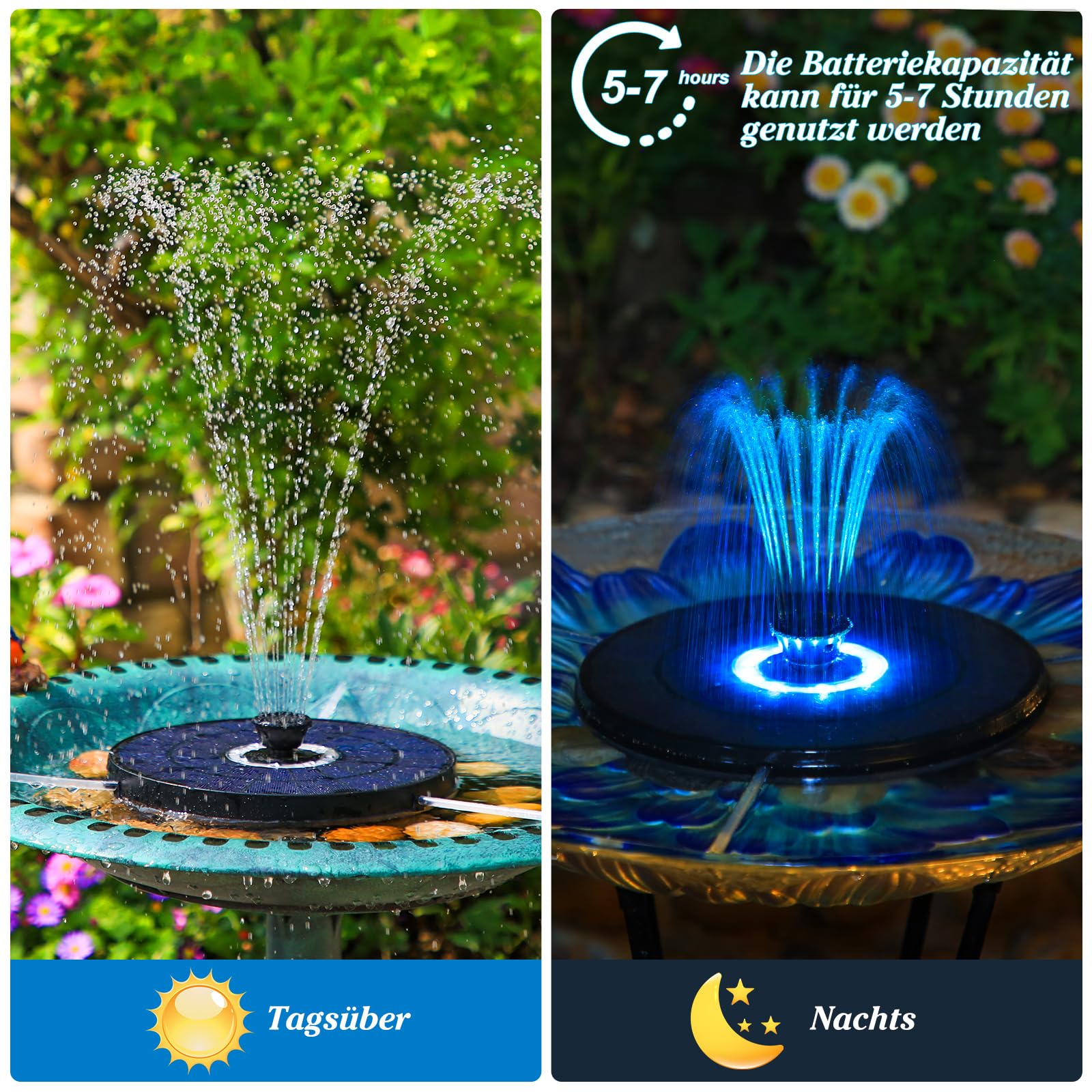 AMZtime Bunte LED 5,5W Outdoor Solar Springbrunnen für Außen, Solarpanel Durchmesser 21cm mit Akku, Outdoor Solarbrunnen für Draussen mit 7 Effekten Sprühmethoden, Solar Teichpumpe für Vogel Teich