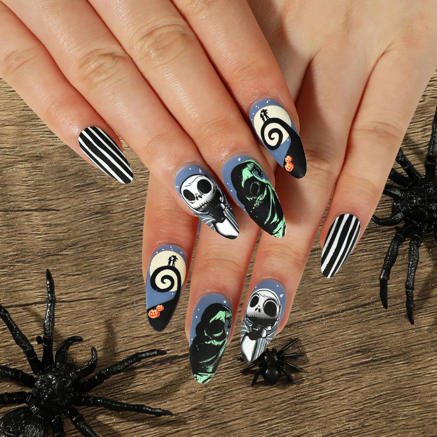 24Pcs Halloween Press on Nails Short, Specter Skeleton Fake Nails Oval Press on Nails False Nails with Day of The Dead Designs Horror Holiday Acrylic Nails Glossy Glue on Nails for Women Girls