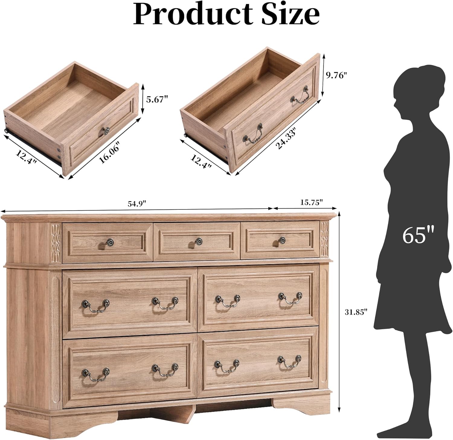 Farmhouse Dresser and Nightstand Sets, 6-Drawer with 7 Drawer Dresser & 3 Drawer Nightstand Sets, 4 Pieces Rustic Wood Bedroom Furniture Set for Home, Bedroom, Hallway(Natural)