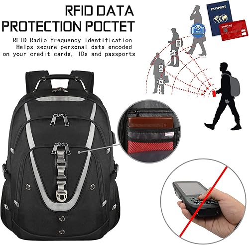 Miniatura 7 de Mochila para laptop de 18.4 pulgadas para hombre, 55L-60L, extra grande, para videojuegos, con puerto de carga USB, bolsillo antirrobo aprobado por