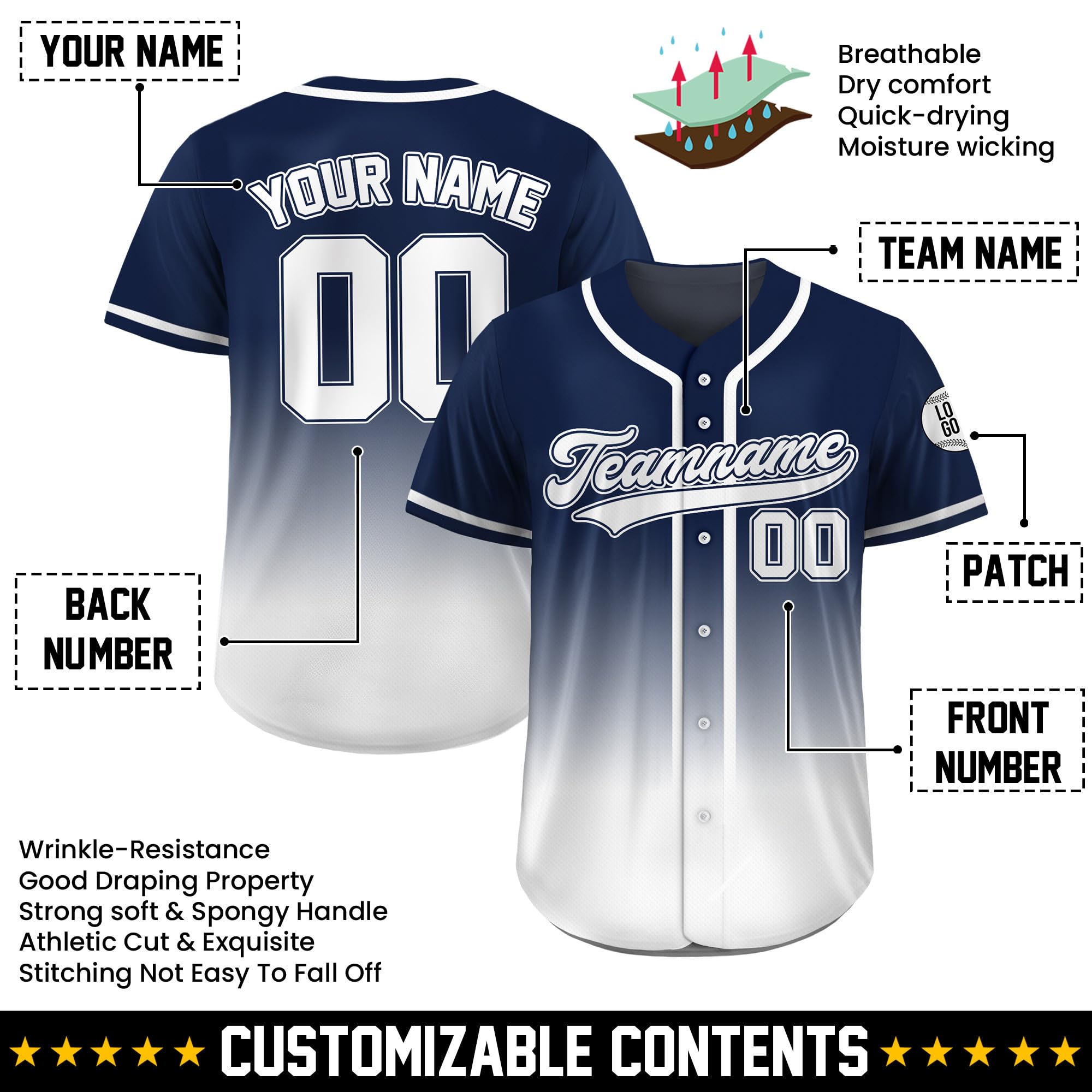 Custom Baseball Jersey – Personalized Name, Number & Logo, Gradient Blue White Baseball Jersey Sports Uniform for Men, Women, Youth, Toddlers