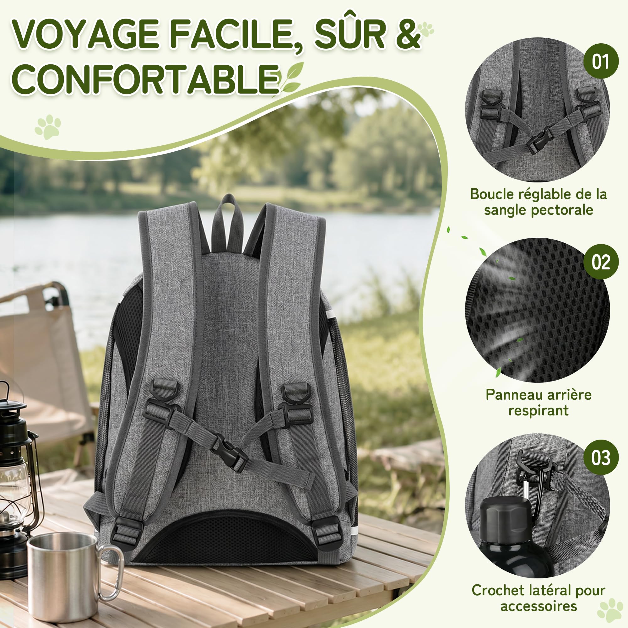 ALLSOPETS Sac à Dos de Transport pour Chien et Chat, Gris Clair | Sac Transport avec Sangle de Sécurité, Confortable pour Petits Chiens et Chats, Idéal pour Voyage, Randonnée et Extérieures