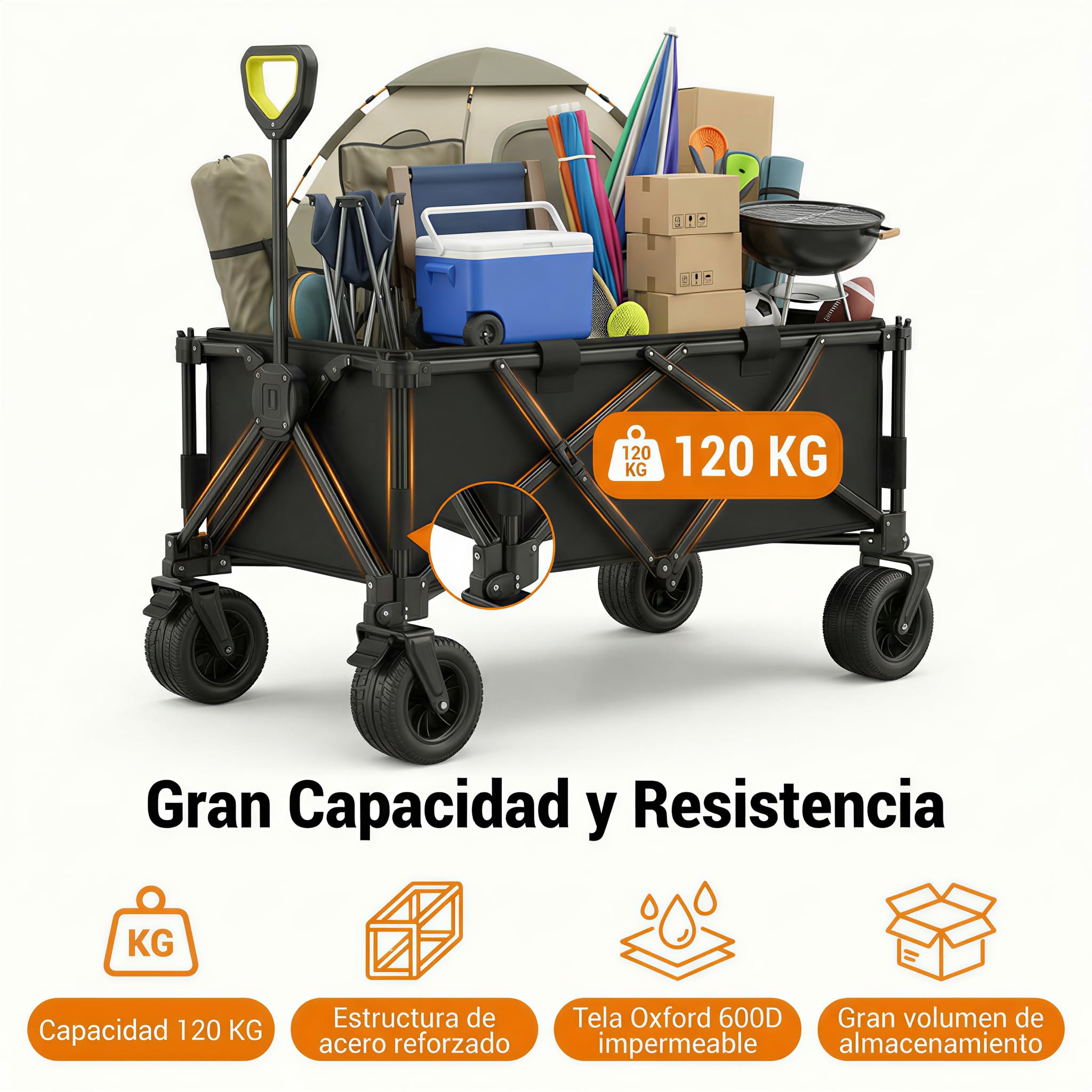 Carrito Plegable de Playa y Camping 120 kg, Carro de Transporte con Ruedas Anchas Todoterreno 360°, Tela Oxford 600D Impermeable, Mango Telescópico, Freno, Base Reforzada y Funda, Negro