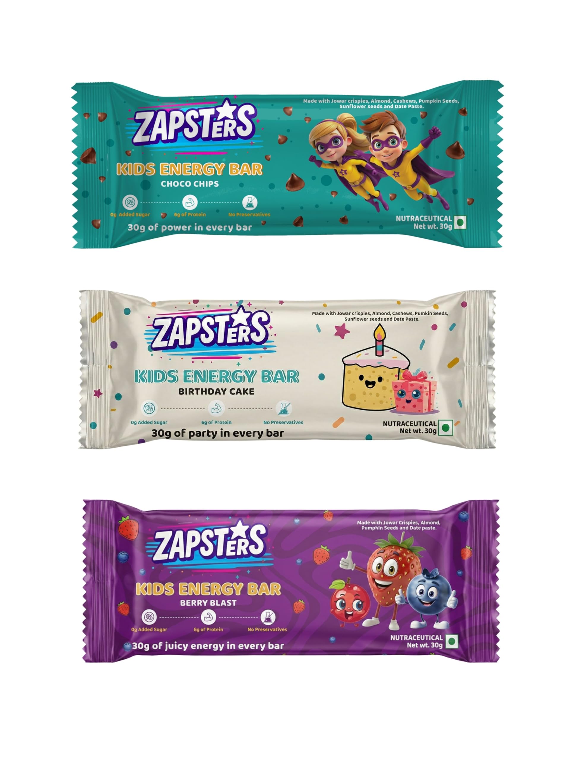 Zapsters Kids Energy Bar | Box of 6 (30g Each) Plant Based Snack | No Added Sugar | Gluten Free | No Palm Oil & Preservatives | Vegetarian (ASSORTED PACK OF 6 ( 2 Birthday Cake + 2 Berry Blast + 2 Chocochips )) — Amazon image 3