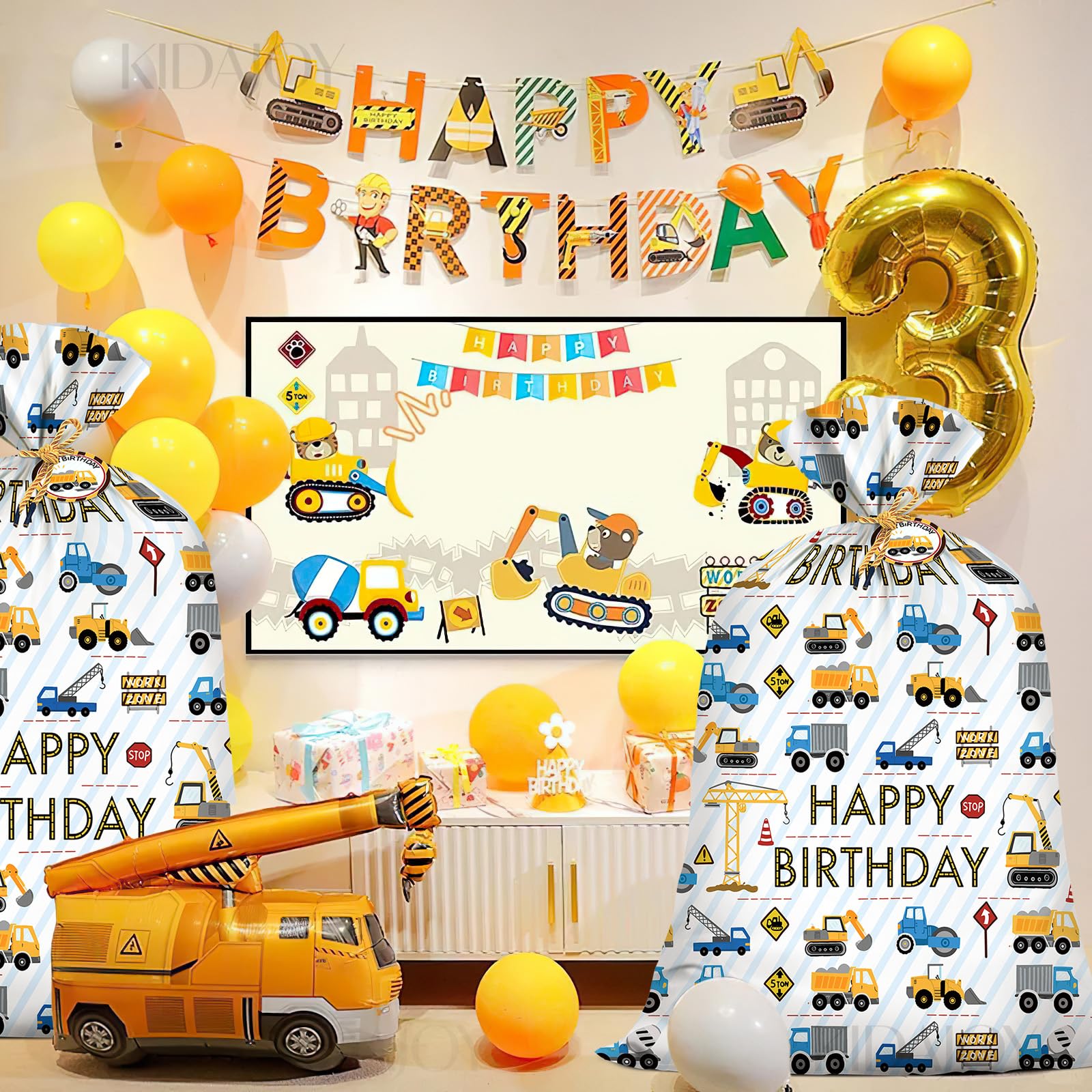 2Pcs Extra Large Construction Birthday Plastic Gift Bag for Boys 36x56 Inch Jumbo Gift Bags Trucks Excavators Cranes Vehicle-Themed Kids Happy Birthday Parties Favors Decorations