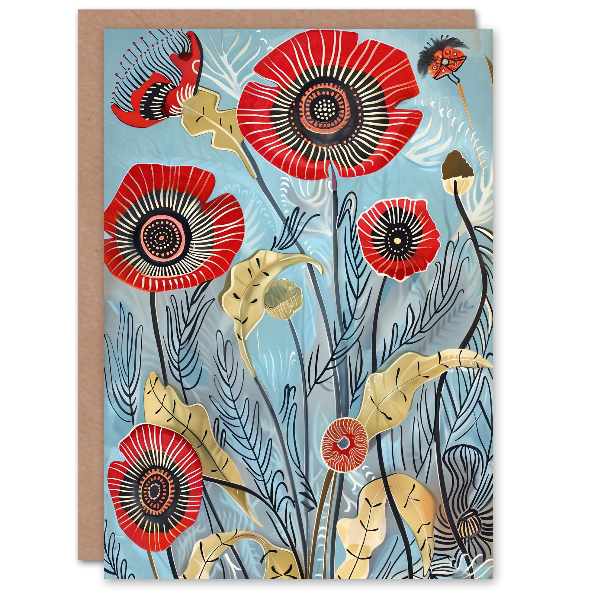 Artery8 Greeting Card Poppy Flowers Modern Folk Art Painting Quirky Blank For All Him Or Her Art Birthday Card