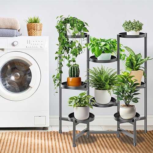 Miniatura 4 de Soporte para plantas de 5 niveles para interiores, alto, estante de plantas ajustable en negro para múltiples soportes de 8 macetas de flores,