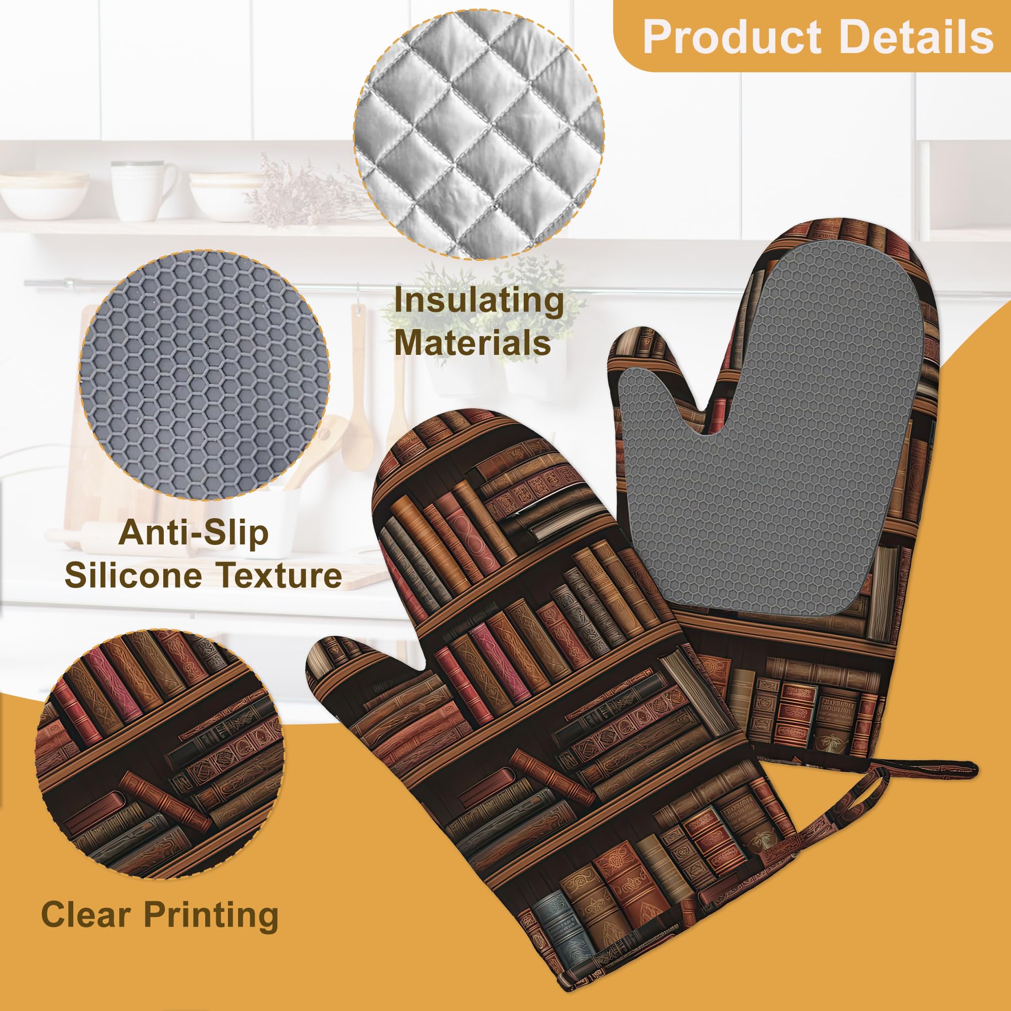Ofenhandschuhe und Topflappen, Silikon, Küchenzubehör, Set mit 4 hitzebeständigen Handschuhen, Bücherregalen, Topflappen, rutschfester Griff für Koch, Kochen, Backen, Grillen, BBQ