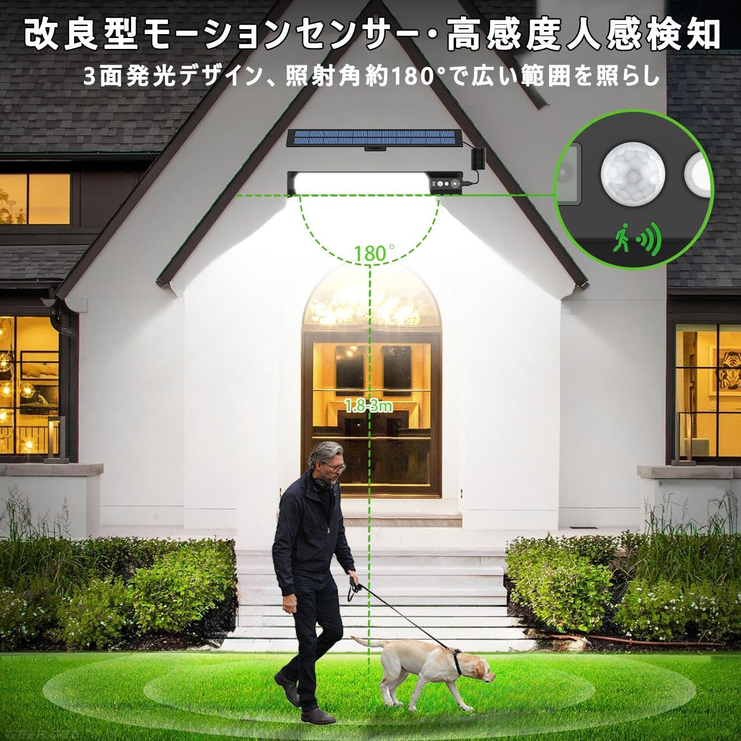 ソーラーライト 分離型 2灯 LED 屋外 人感 センサーライト【極高輝度2500lm・IP65防水・延長コード3m×2本】3モード切替 2000mAh大容量電池 リモコン付 自動点灯/消灯 室内/室外兼用 地震/津波/台風/防災に対応 ガーデン/玄関/廊下/庭/壁掛け/駐車場/物置に最適 取付簡単 日本語説明書付き - 3