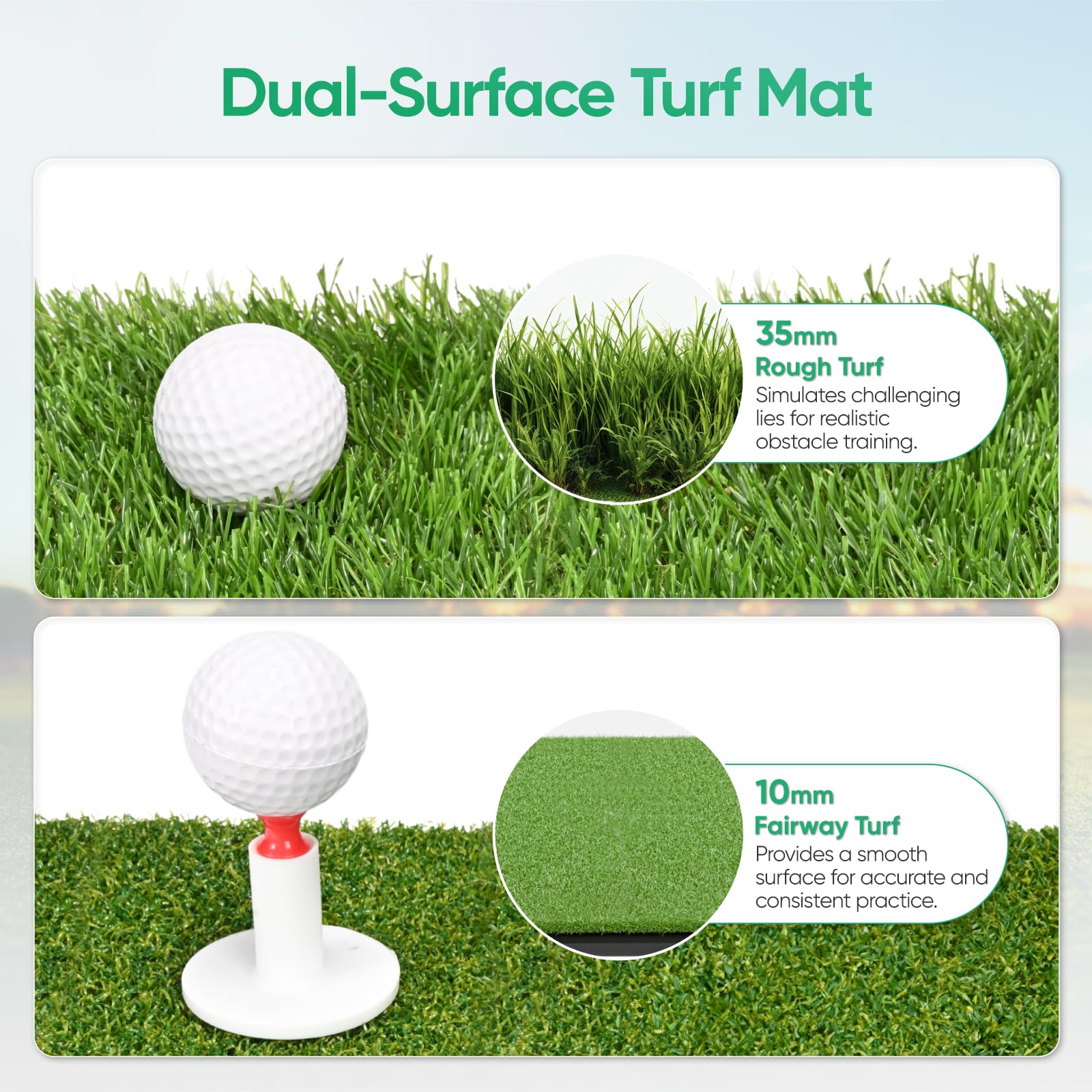 Golf Abschlagmatte, 38.5x24.5cm Golf Übungsmatte mit Dual-Turf (35mm Rough & 10mm Fairway), Schwungbahn-Feedback, Komplettes Trainingsmatte Set inkl. 8 Bällen + 7 Tees, für Indoor/Outdoor