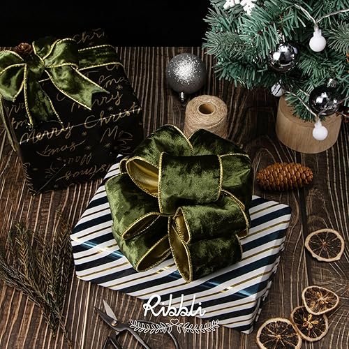 Vista 36 de Ribbli - Cinta de terciopelo dorado verde oscuro metálico con alambre de 2.5 pulgadas, cinta navideña de terciopelo arrugado para envoltura, decorar