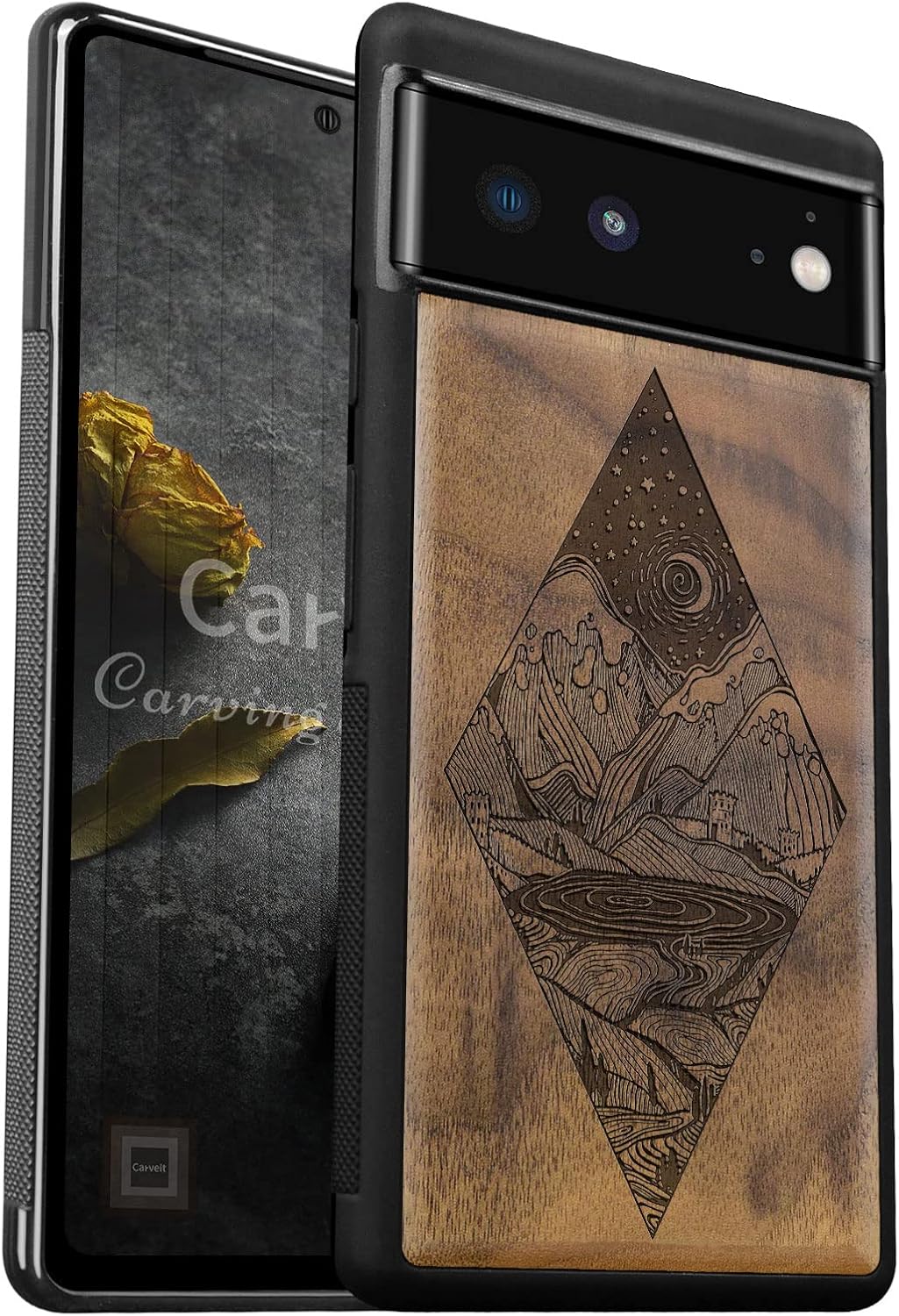Carveit Wood Case for Pixel 6 Case [Natural Wood & Black Soft TPU] Shockproof Protective Unique & Classy Wooden Cover Compatible with Google Pixel 6 (Starry Night-Walnut)