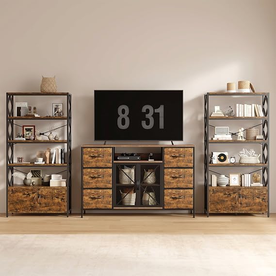 Industrial Bookshelf 4 Open Storage Bookcase with 2 Doors, Rustic Brown