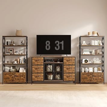 Industrial Bookshelf 4 Open Storage Bookcase with 2 Doors, Rustic Brown