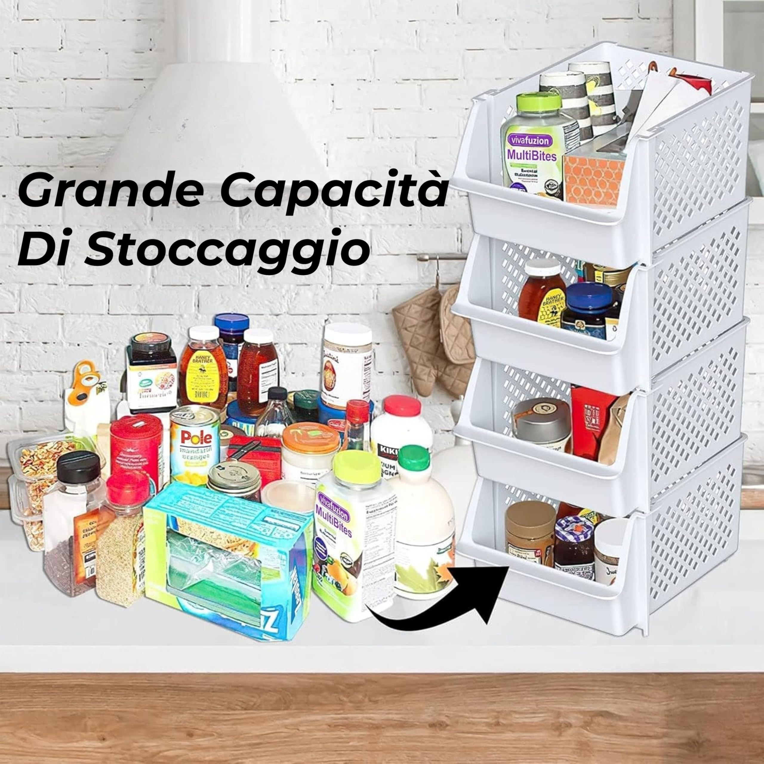 Skywin Contenitori Impilabili Set Da 4, Apertura Frontale | Organizer Dispensa Con Apertura Frontale, Ceste In Plastica Impilabili, Set Da 4, Per Cucina E Garage