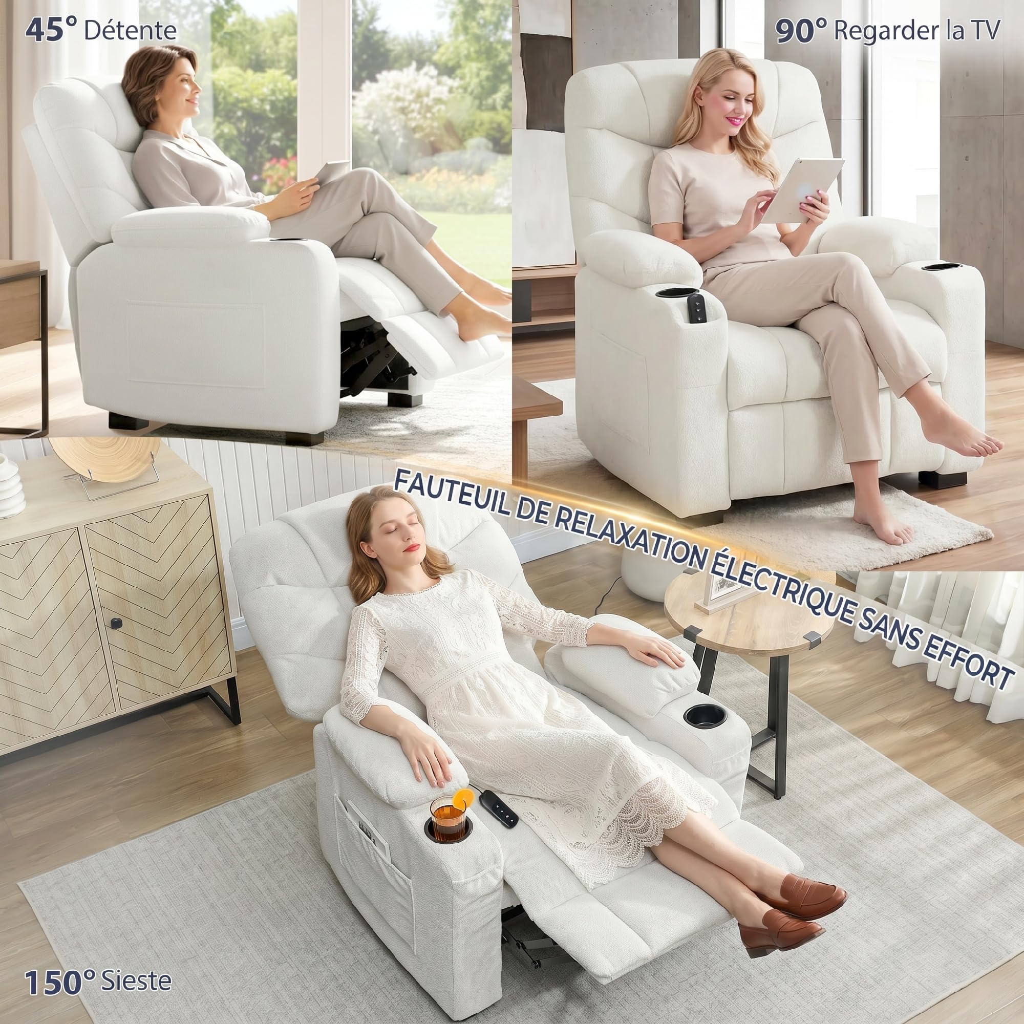 HOMCOM Fauteuil Relax électrique, Fauteuil inclinable en Velours, Port USB, Assise Large, Repose-Pieds, Porte-gobelets, Poches latérales, télécommande, Moteur Silencieux, 2 Positions mémoire, crème