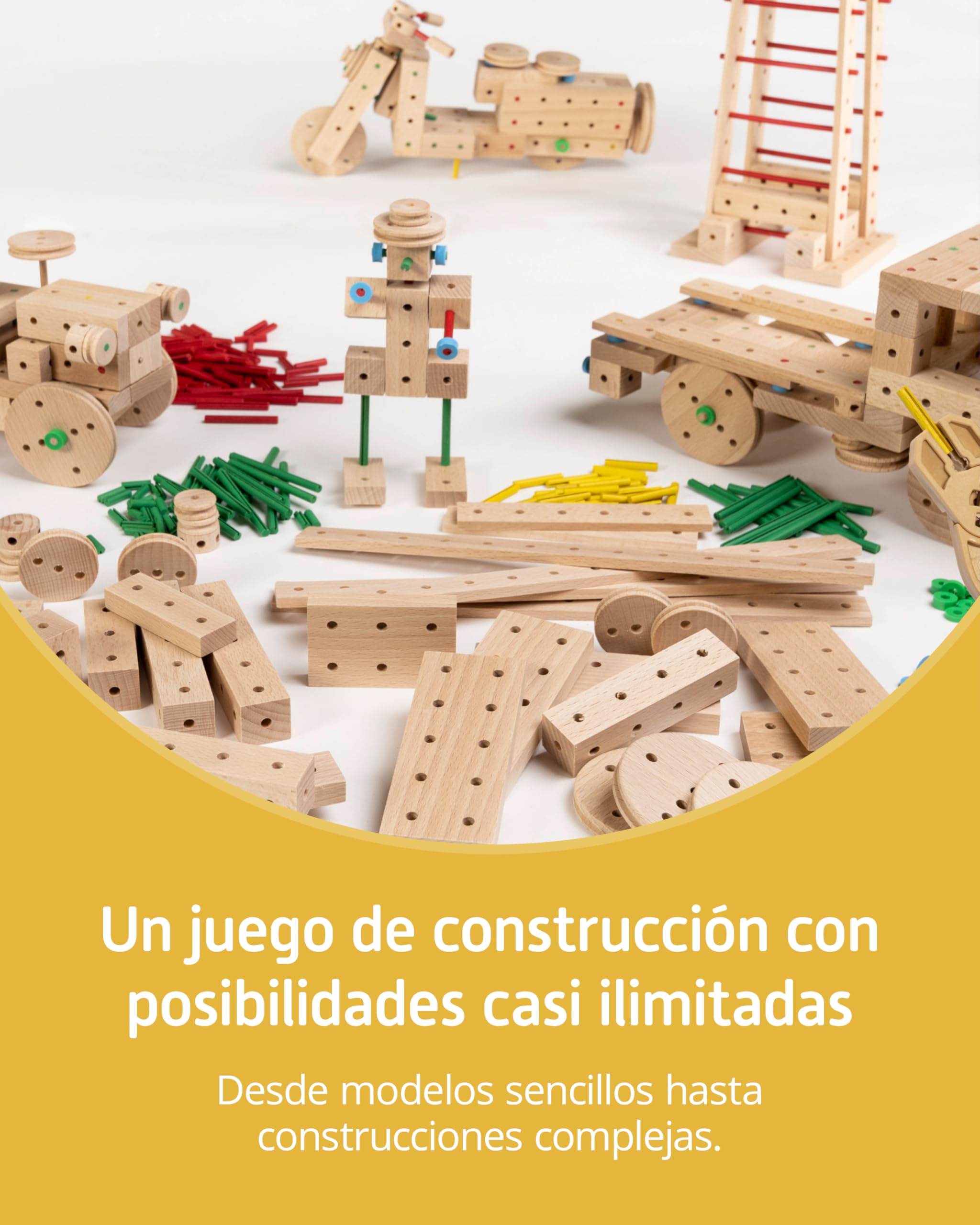 Matador Set de Construcción para Niños Desde 5 Años – 318 Piezas | Juego de construcción en Madera Atractivo para fomentar Creatividad y motricidad Fina, con Varillas, Bloques, Martillo y Pinza