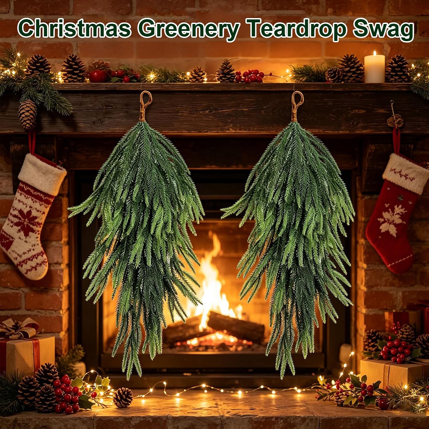 2 Pcs Artificial Christmas Teardrop Swag 28" Faux Pine Spring Wreath,