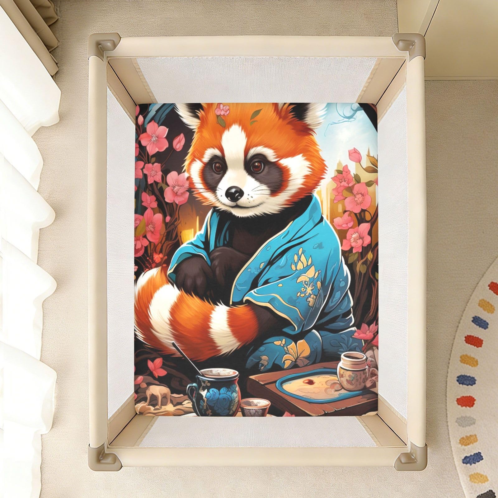 Flor Panda Roja Japonesa Sábana de Cuna para Niños Pequeños,Sábanas de Algodón Suave para Bebés Aptas para Colchón Corralito