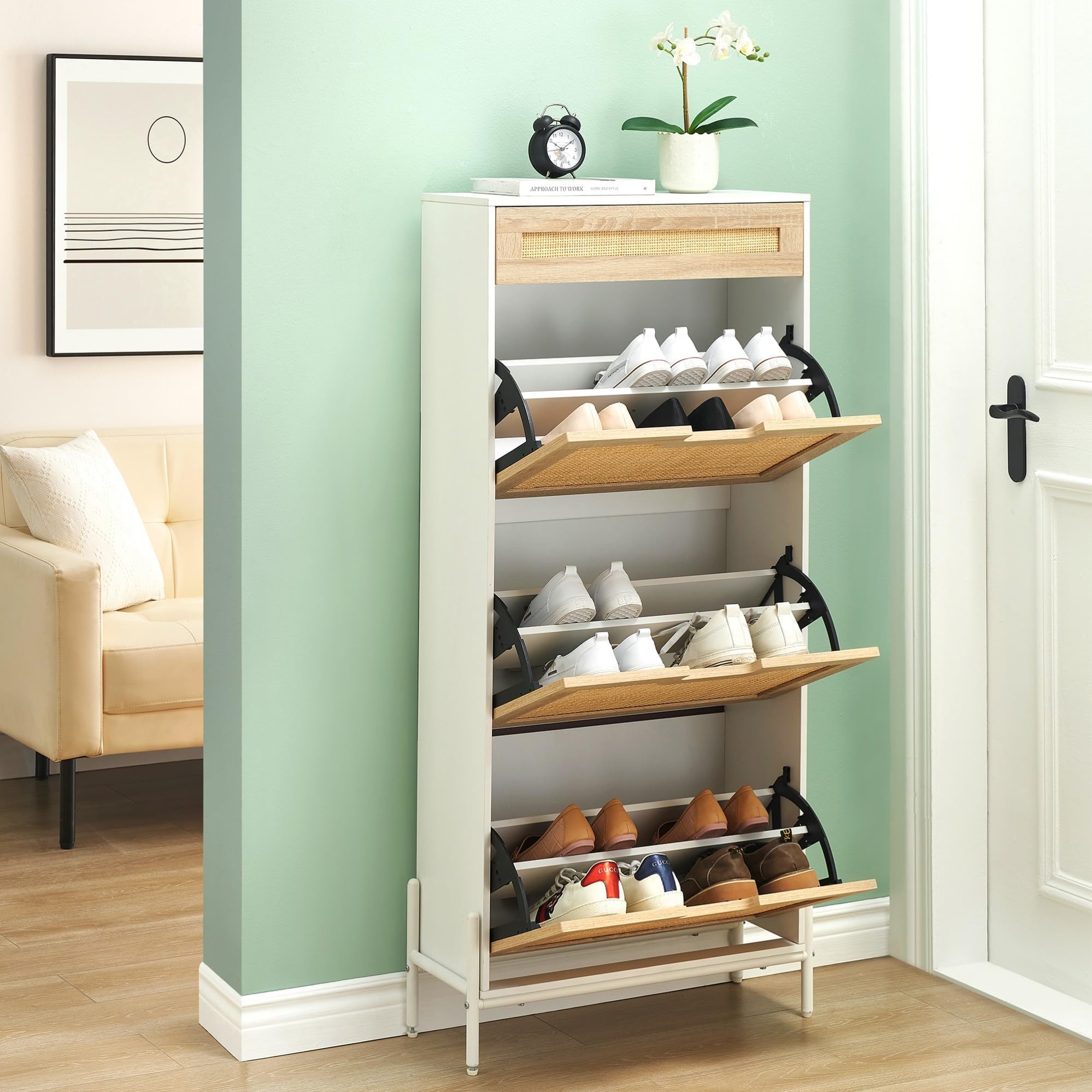 3 Flip Drawers Shoe Storage Cabinet with 1 Drawer, Rattan Shoe Organizer with Metal Legs, Freestanding Narrow Shoe Rack Cabinet for Entryway, White