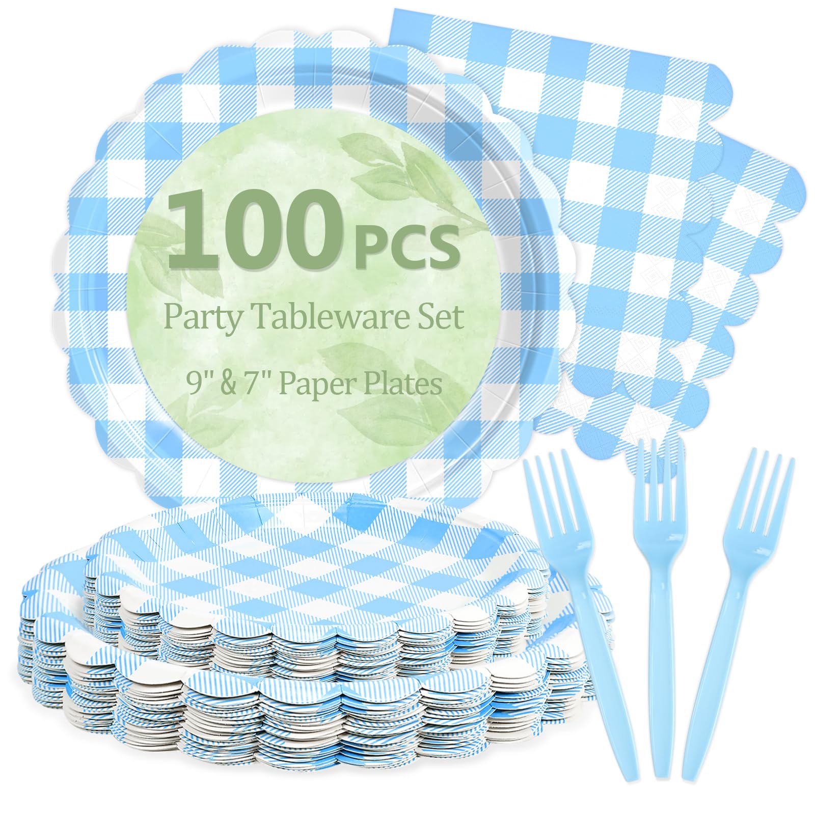 100 Light Blue Gingham Paper Plates and Napkins Disposable Set for Party
