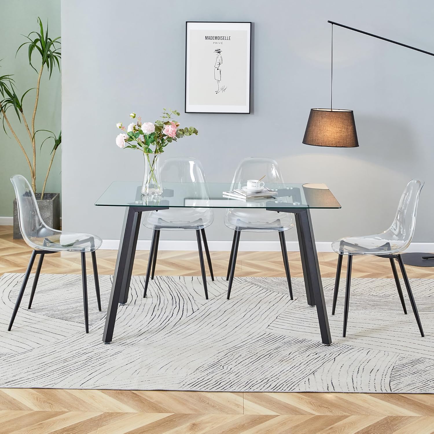 Clear Acrylic Dining Chairs Set of 4, Armless Modern Side Chairs with Transparent Seat, Ergonomic Backrest and Black Metal Legs, Ghost Style Kitchen Chairs for Dining Room, Living Room
