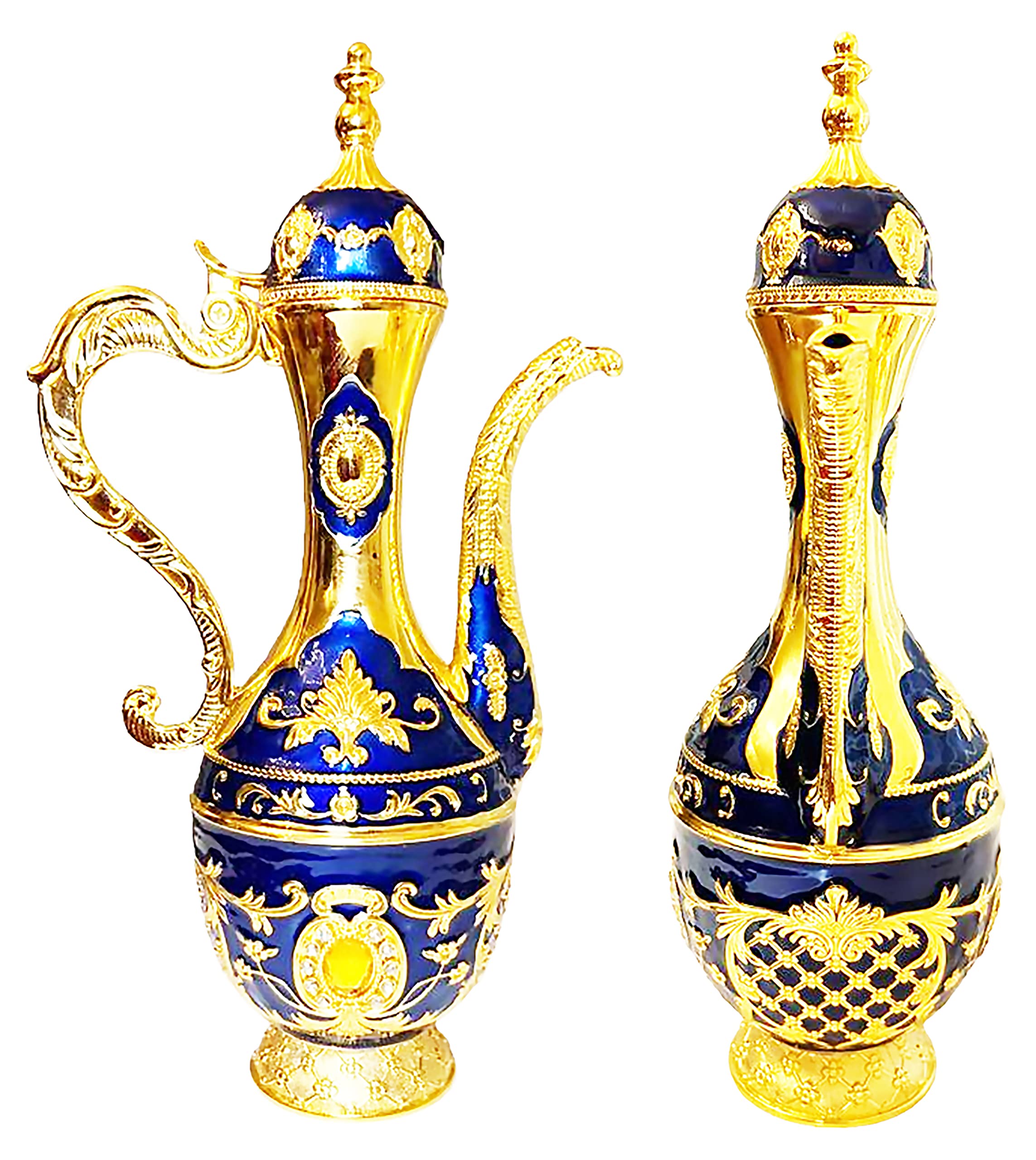 Turkish Wine Set XL Size Handmade Espresso Greek Arabic Coffee Tea Pot Tray and 6 Cups NOT SMALL Embossed Metal with Gem Beverage Set Hand Painting Colored Gift Box Shin NAVY and Gold Colors