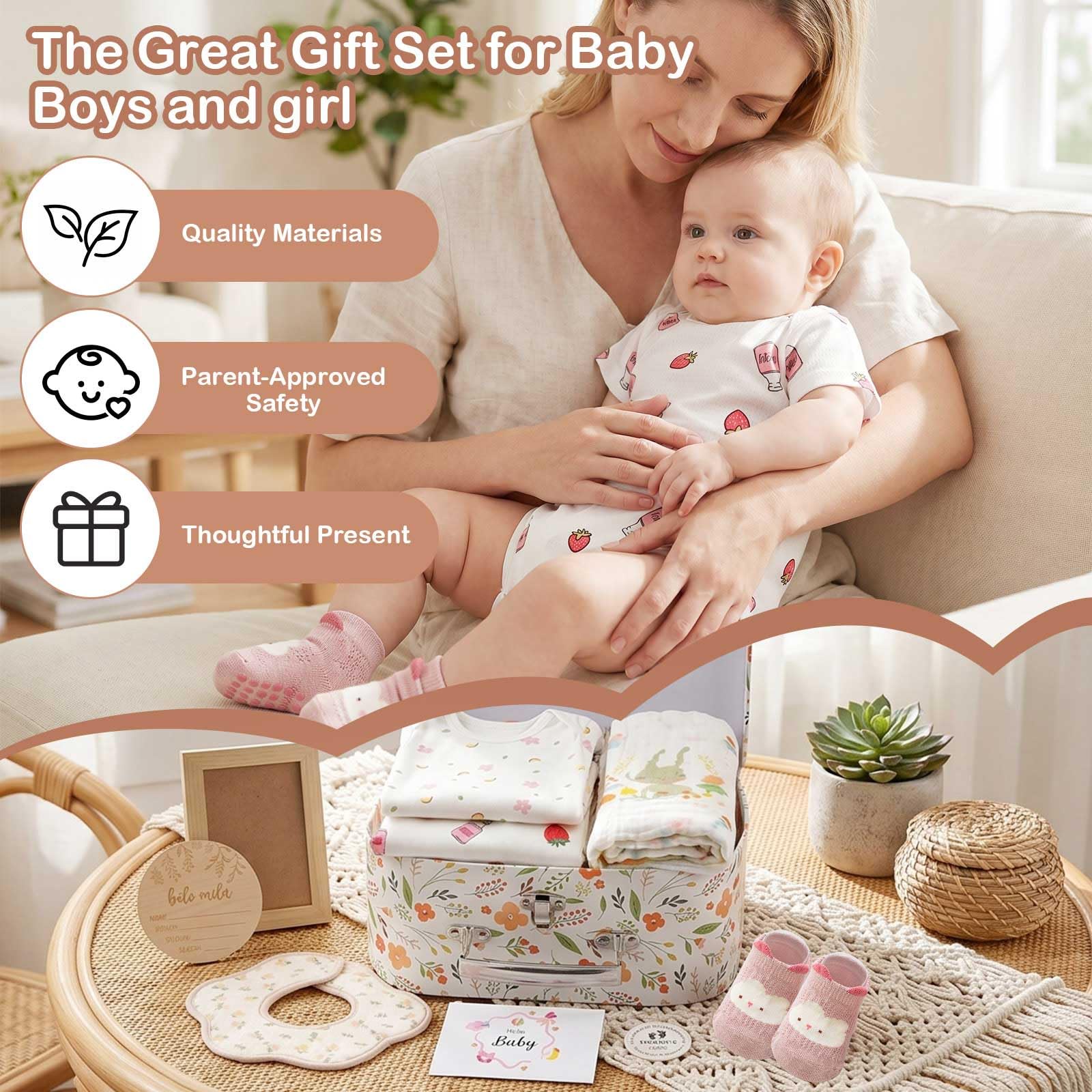 Cadeau Coffret Naissance Fille Garcon 11Pcs Coffret Cadeau Baby Shower Mixte avec Body Bavoirs Chaussettes Serviette Pièce Décision Cartes de Jalons Cadre Photo Cadeaux Nouveaux Parents Bébé