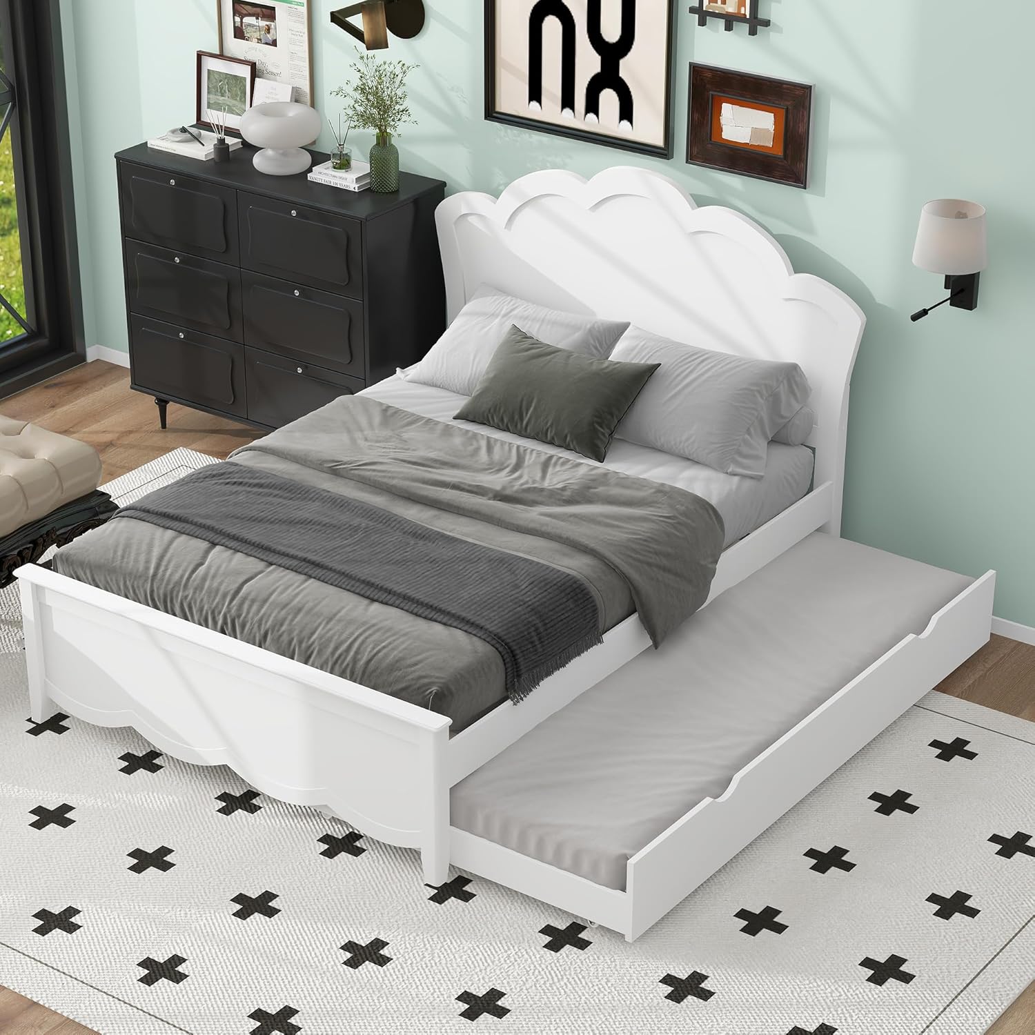 Harper & Bright Designs Full Bed Frame with Trundle, Wooden Full Size Platform Bed with Headboard, for Kids Teens Adults, White