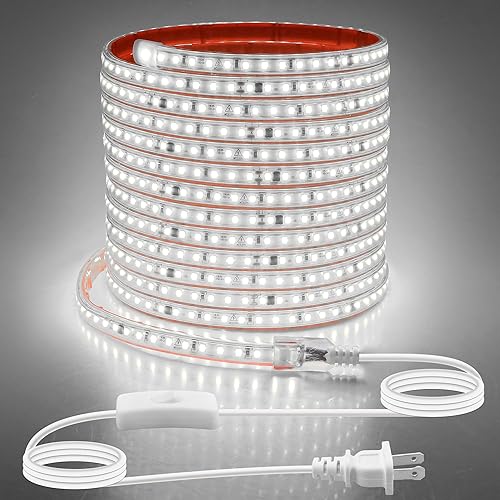 Aclorol Tira de luces LED de 120 V de longitud de 20 pies, color blanco frío, 6000 K, súper brillante, para exteriores, tira de luz LED impermeable