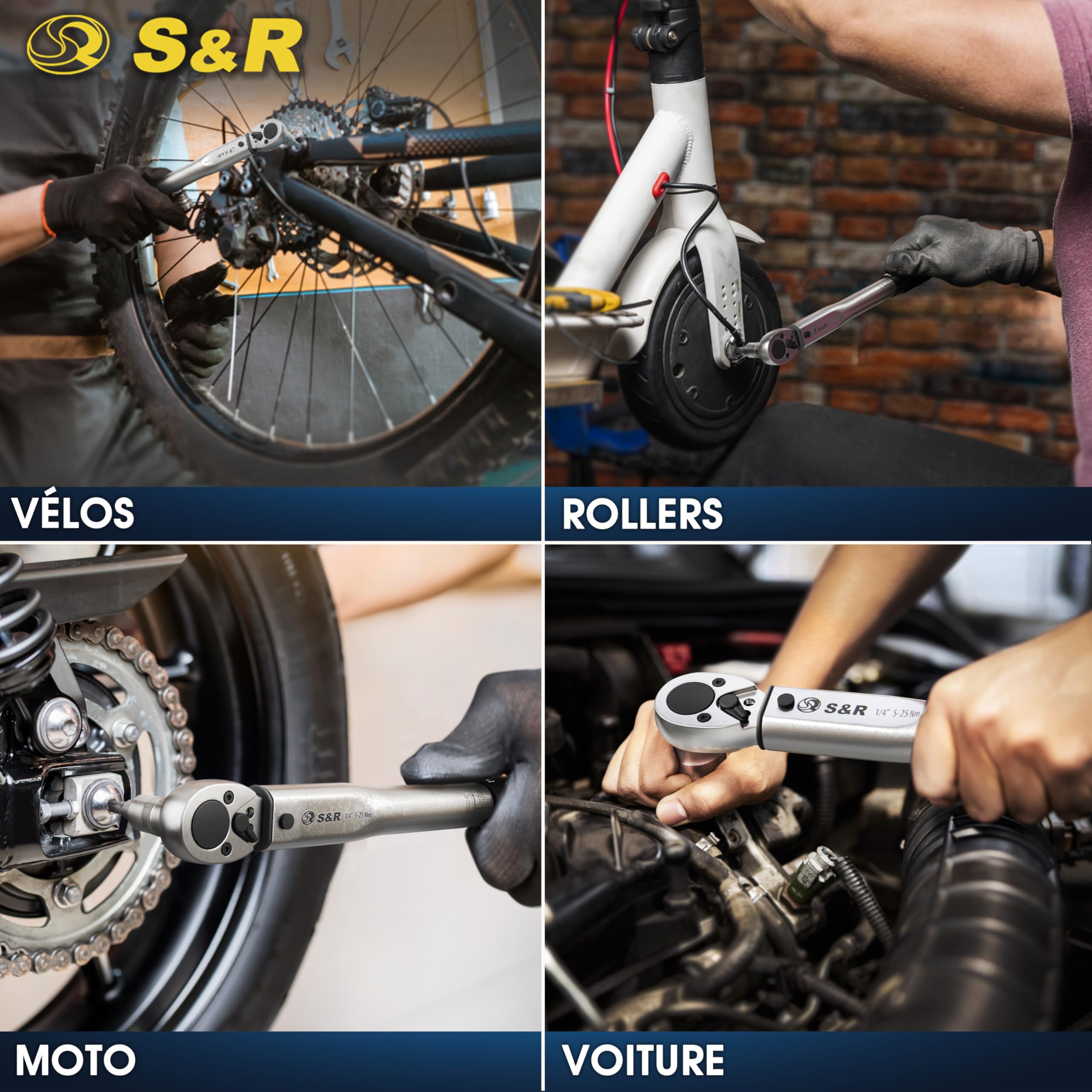 S&R Clé Dynamométrique 1/4 Vélo Moto (5-25Nm) 27.2 cm. Coffret Clé avec 7 Douilles Allen Torx : H10, H8, H6, H5, H4, H3, T25 en Acier C-V. Set Professionnel et Complet