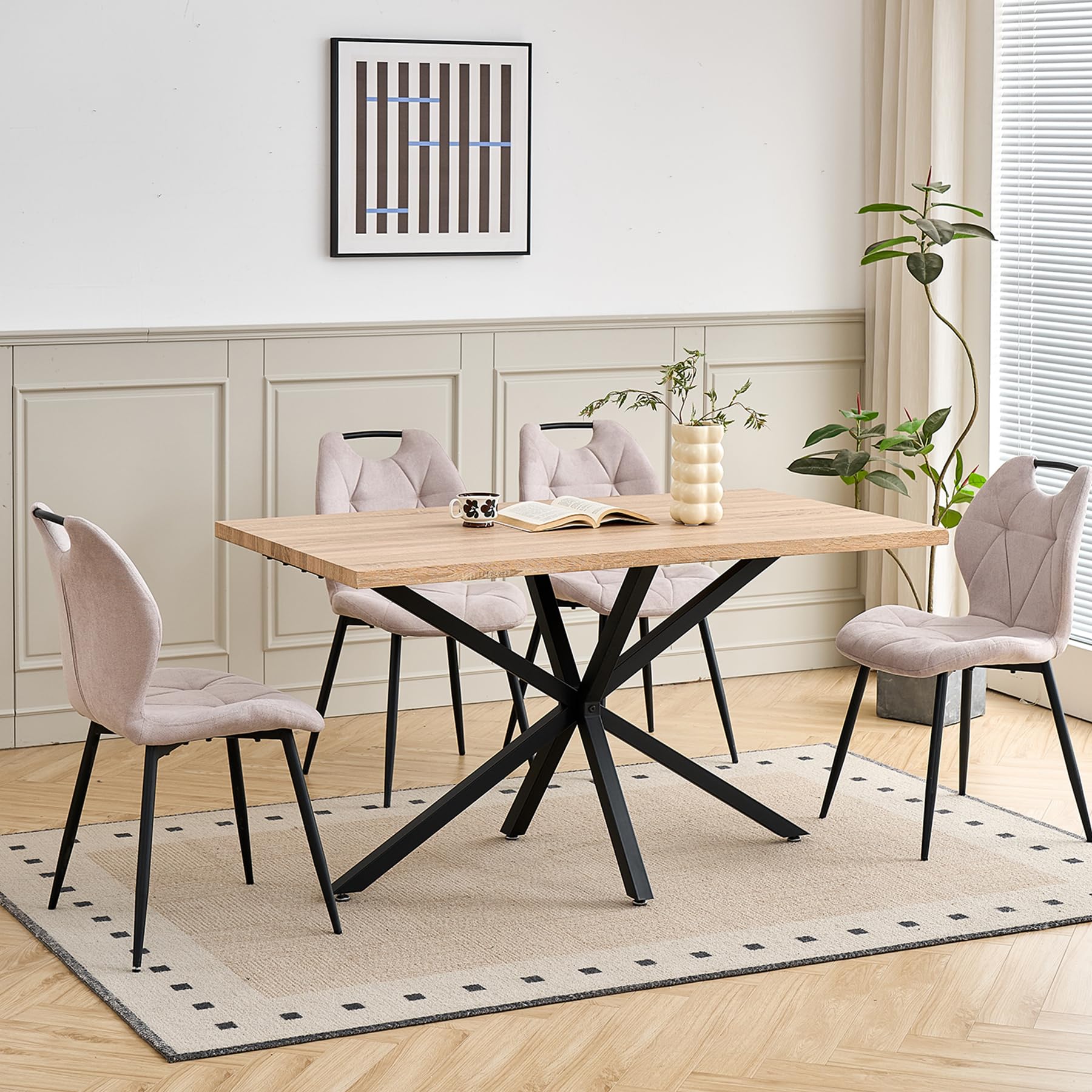 Juego de Comedor Mesa y Sillas – Mesa de Comedor Rectangular con 4 Sillas de Comedor (Tapizado en Tela de Lino con Asas) – Ideal para Cocina, Comedor (Madera Clara+4*Sillas Caqui)