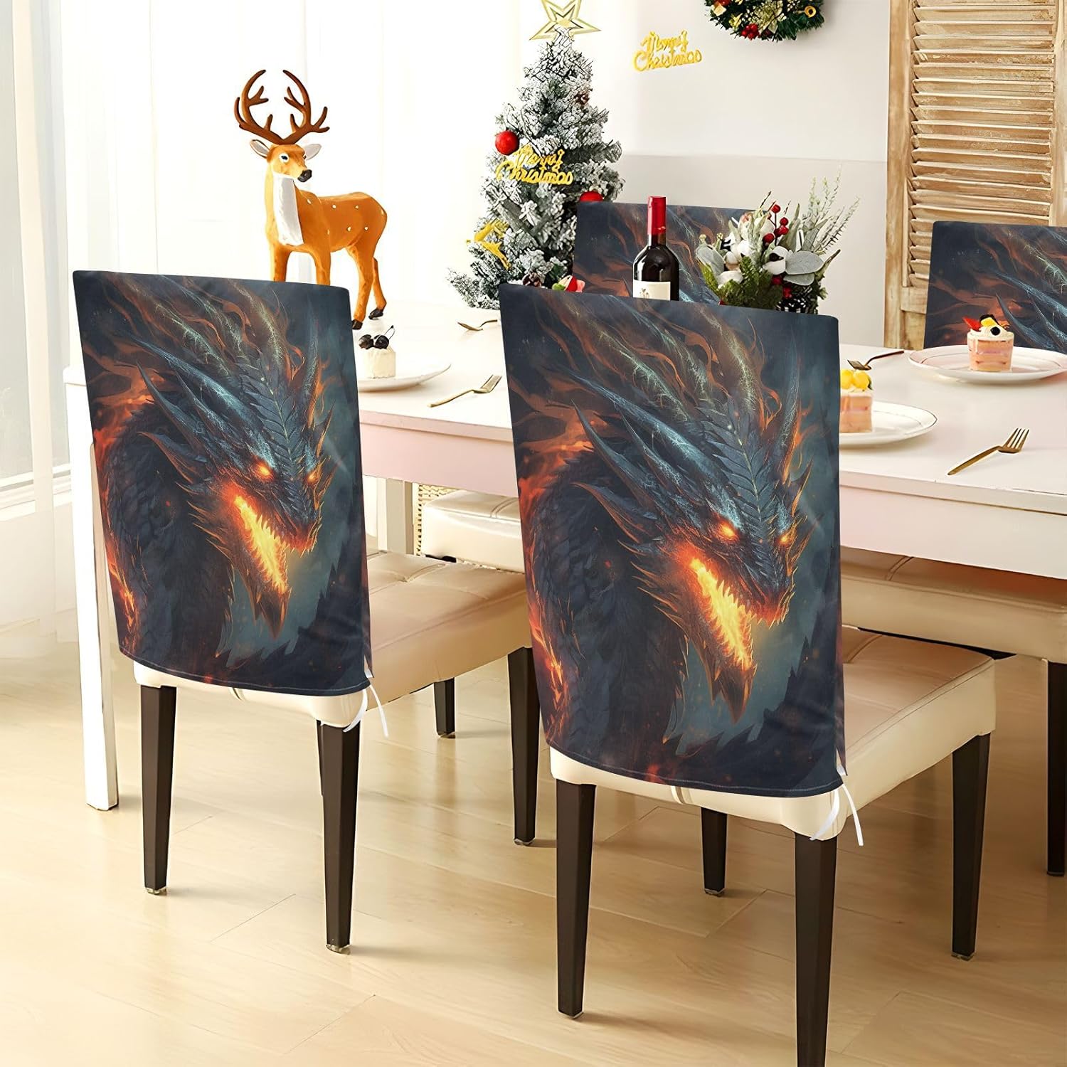 ALAZA Dragon Dark Background Chair Back Cover Set of 6, Washable Reusable Removable Chair Slipcovers Decorative Chair Cover for Home Kitchen Wedding Party