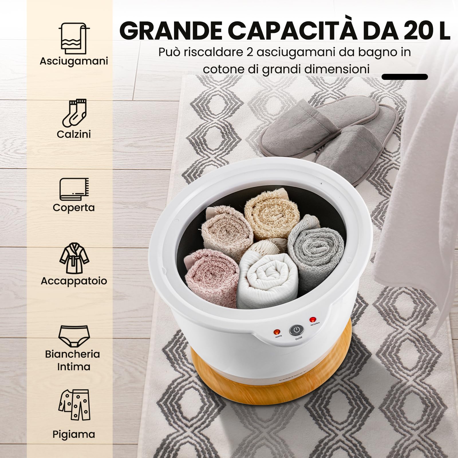 COSTWAY Scaldasalviette a Secchio, Scalda Asciugamani Grande capacità 20L con Porta Profumo, Scalda Asciugamani Portatile per Spa con Spegnimento Automatico, Adatto a 2 Asciugamani da Bagno
