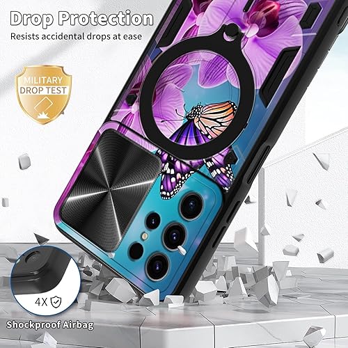 Vista 74 de Funda para Samsung Galaxy A13 5G con cubierta deslizante para lente de cámara y anillo giratorio de 360 grados, soporte híbrido de doble capa Flores