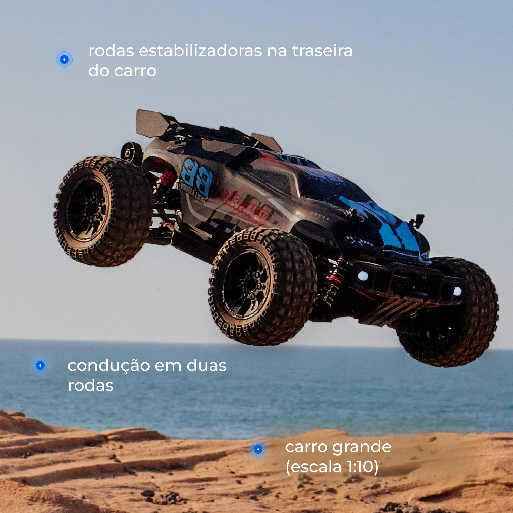 Overmax X- Stable zdalnie sterowany samochód 4WD 1:10 Offroad, 35 km/h 2,4 GHz RC Monster Truck 40 min, z 2 akumulatorami, metalowym napędem, tłumikiem oleju, LED, dla dzieci 8+ i dorosłych zasięg 100