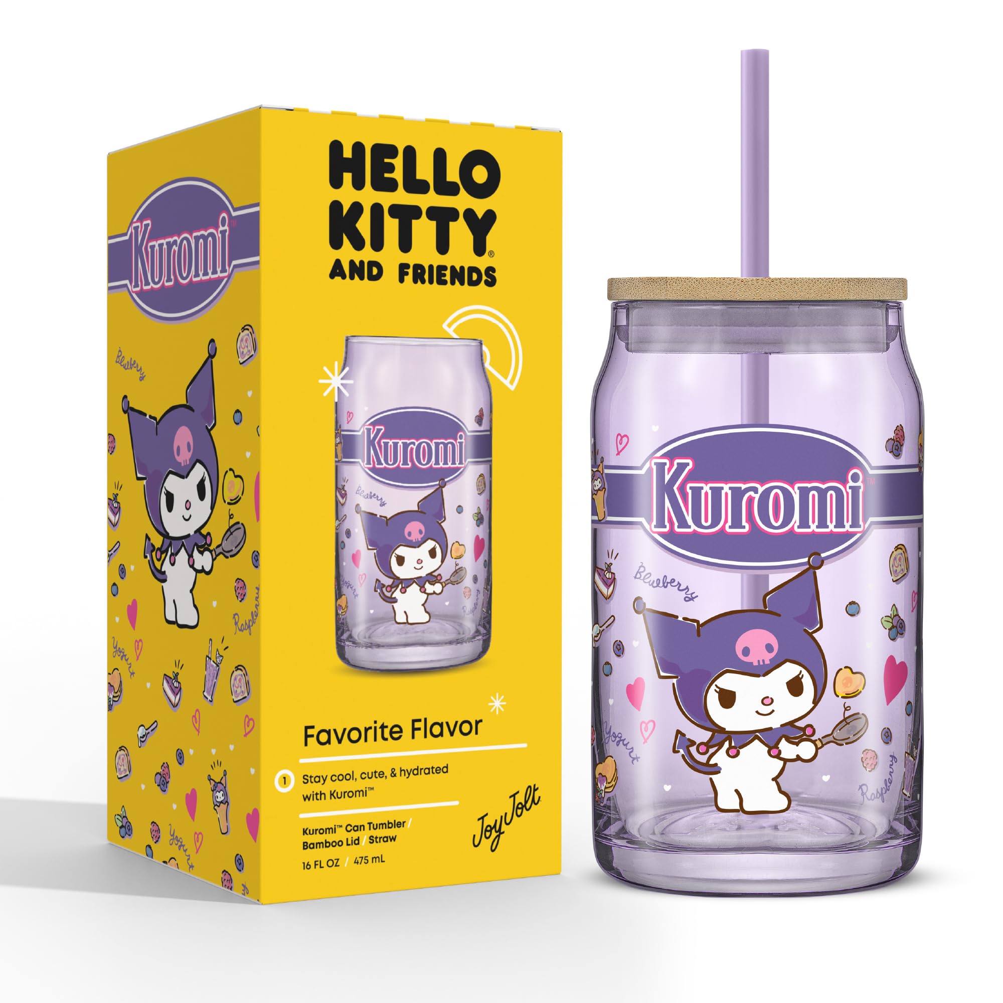 JoyJolt Sanrio Hello Kitty and Friends Favorite Flavor Glass Tumbler with Bamboo Lid and Straw, Leakproof 16oz Clear Soda Can Shaped Cup featuring Kuromi, Hello Kitty Merch