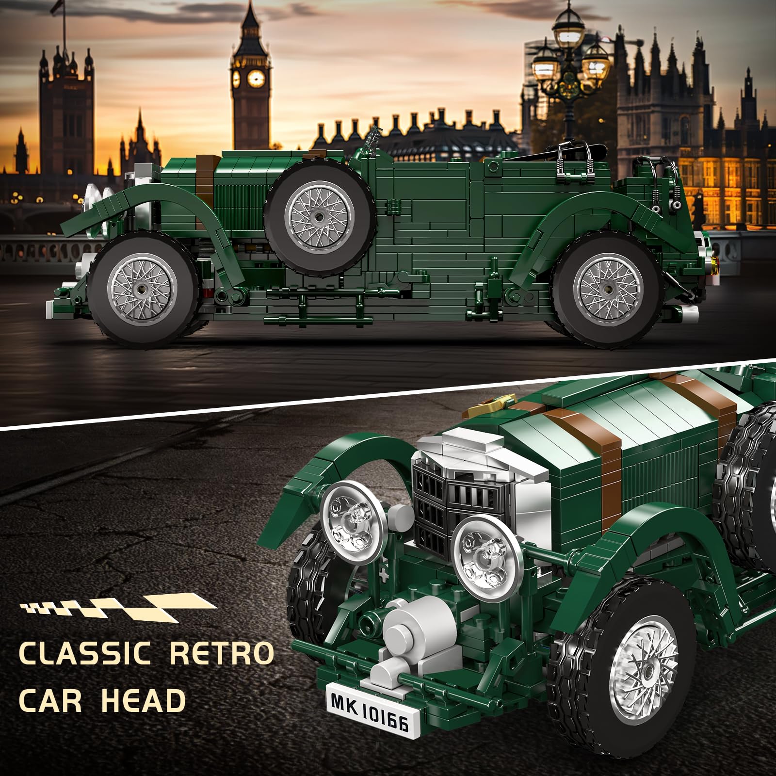Mould King 10166 MOC Technik Oldtimer Auto Modell Bauklötze Bausatz, Kreativität Sportwagen Modell Klemmbausteine Set für Kinder/Erwachsene Sammler (1147 Teile)