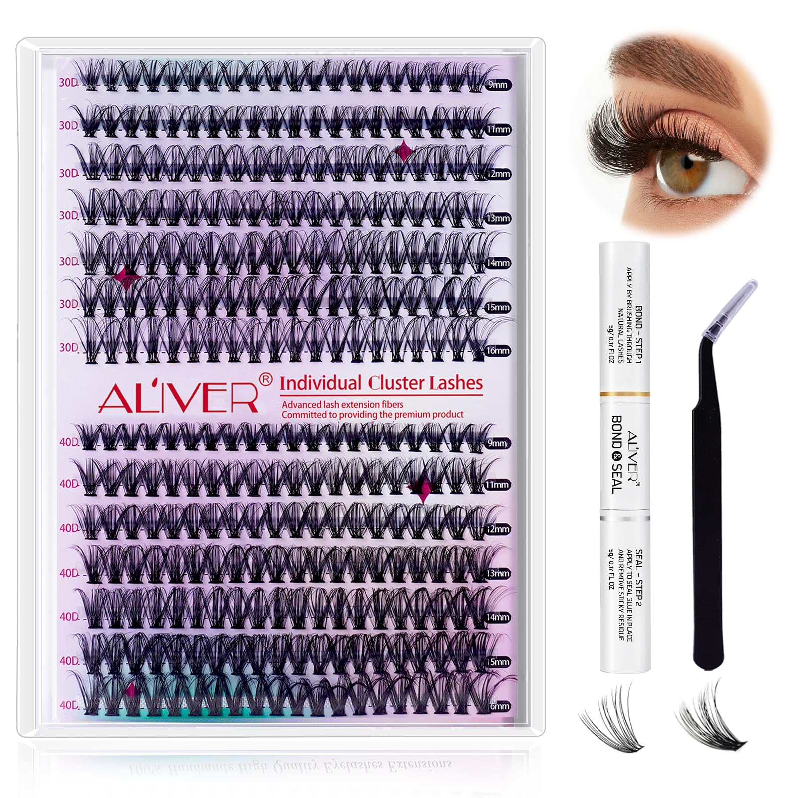 DIY Cluster Lashes Extension Kit, 280 Pcs Individual Eyelashes Natural Curl Lashes, 30D+40D 9mm-16mm Eyelashes Extension Kit, Quick-drying Waterproof, Cluster Lashes with Lash Bond and Seal (White)