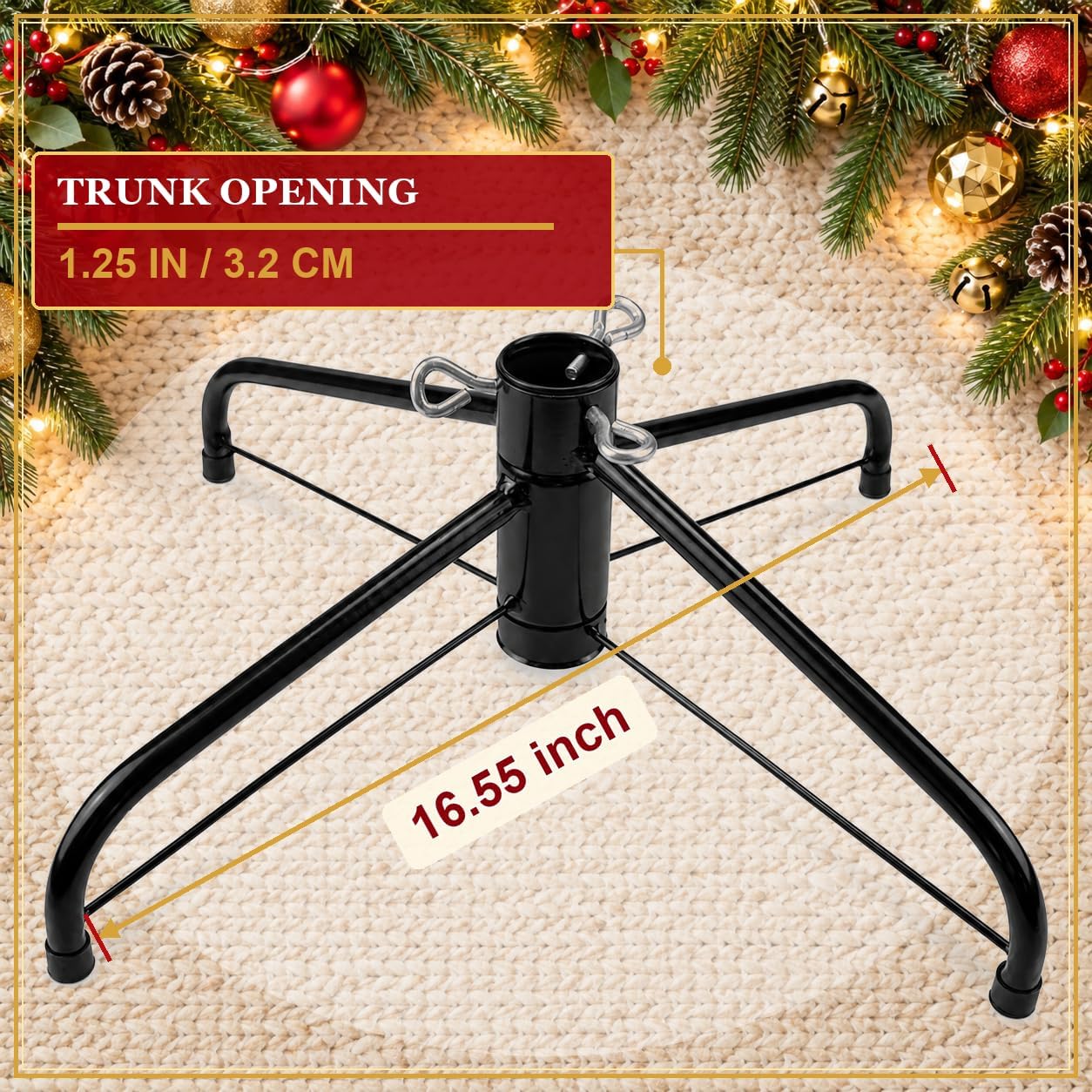 Christmas Tree Stand, Heavy Duty Metal Christmas Tree Base with Adjustable Eye Bolts, Stable Folding Tree Stand for 3-7 FT Christmas Trees，Fits 0.5-1.35 Inch Pole