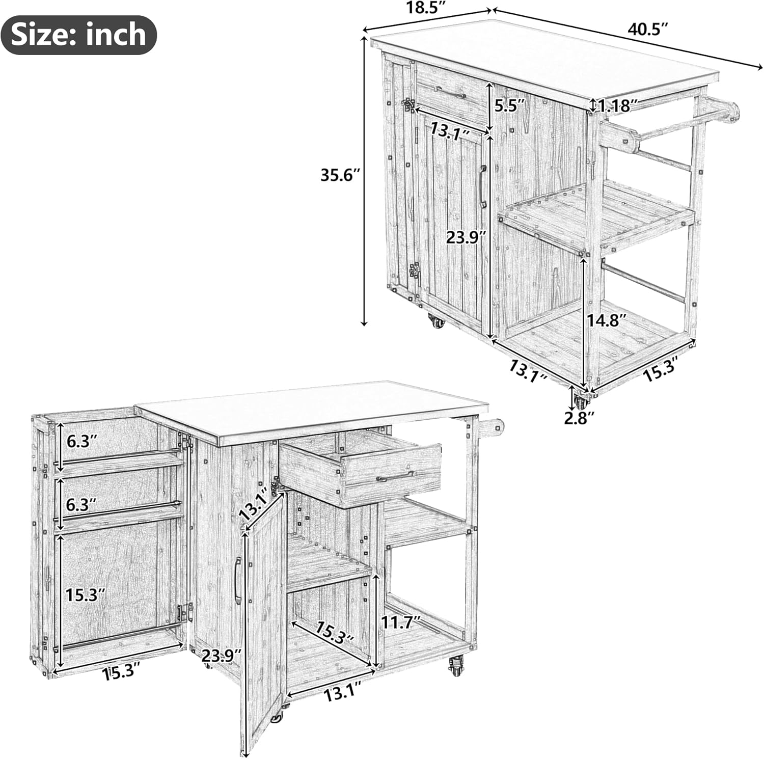 Merax 40.5" Outdoor Grill Cart Table with Storage Cabinet & Stainless Steel Top, Fir Wood Outdoor Kitchen Island on Lockable Wheels, Built-in Towel & Spice Racks for Patio BBQ Food Prep, Grey