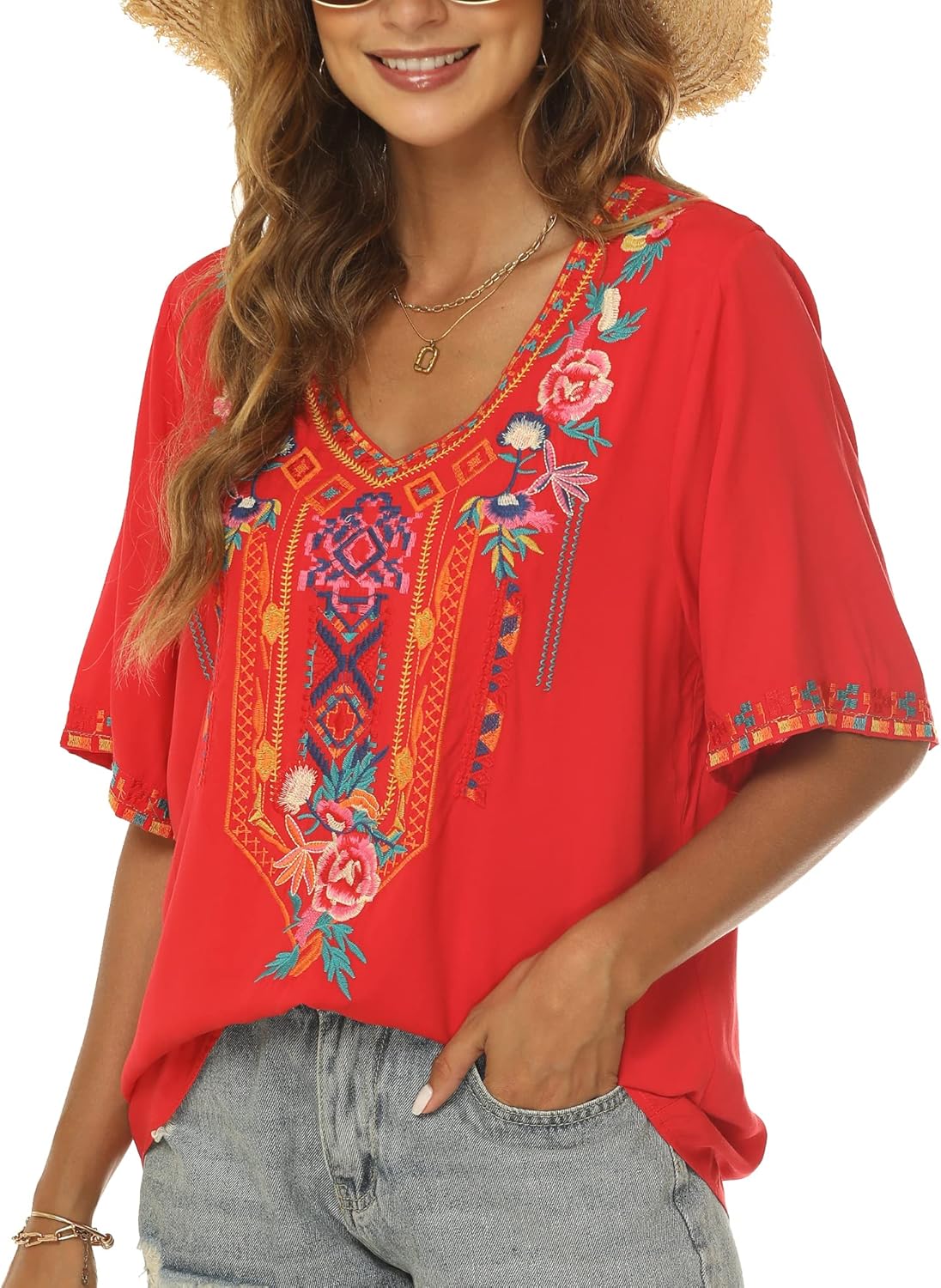Grosy Plus Size Mexican Embroidered Peasant Blouse, Loose Fit Bohemian Short Sleeve Top for Women, Summer Vacation T-Shirt - Image 2